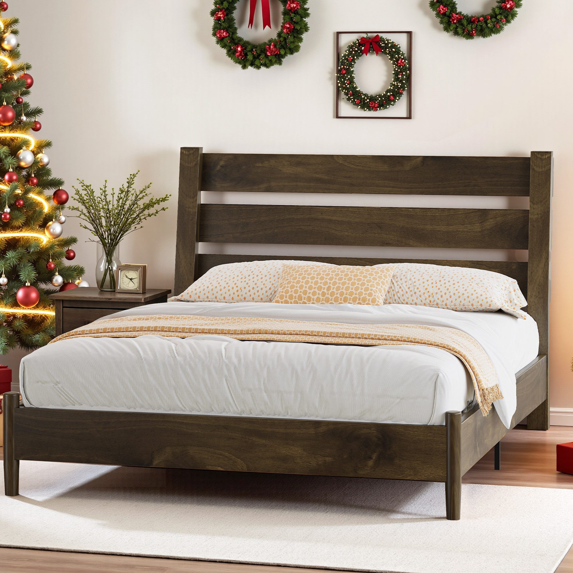 AMERLIFE Massivholzbett mit geneigtem Latten-Kopfteil aus Kiefernholz, Mid-Century Design (Ohne Matratze), Plattenbett Doppelbett 140 x 200 cm