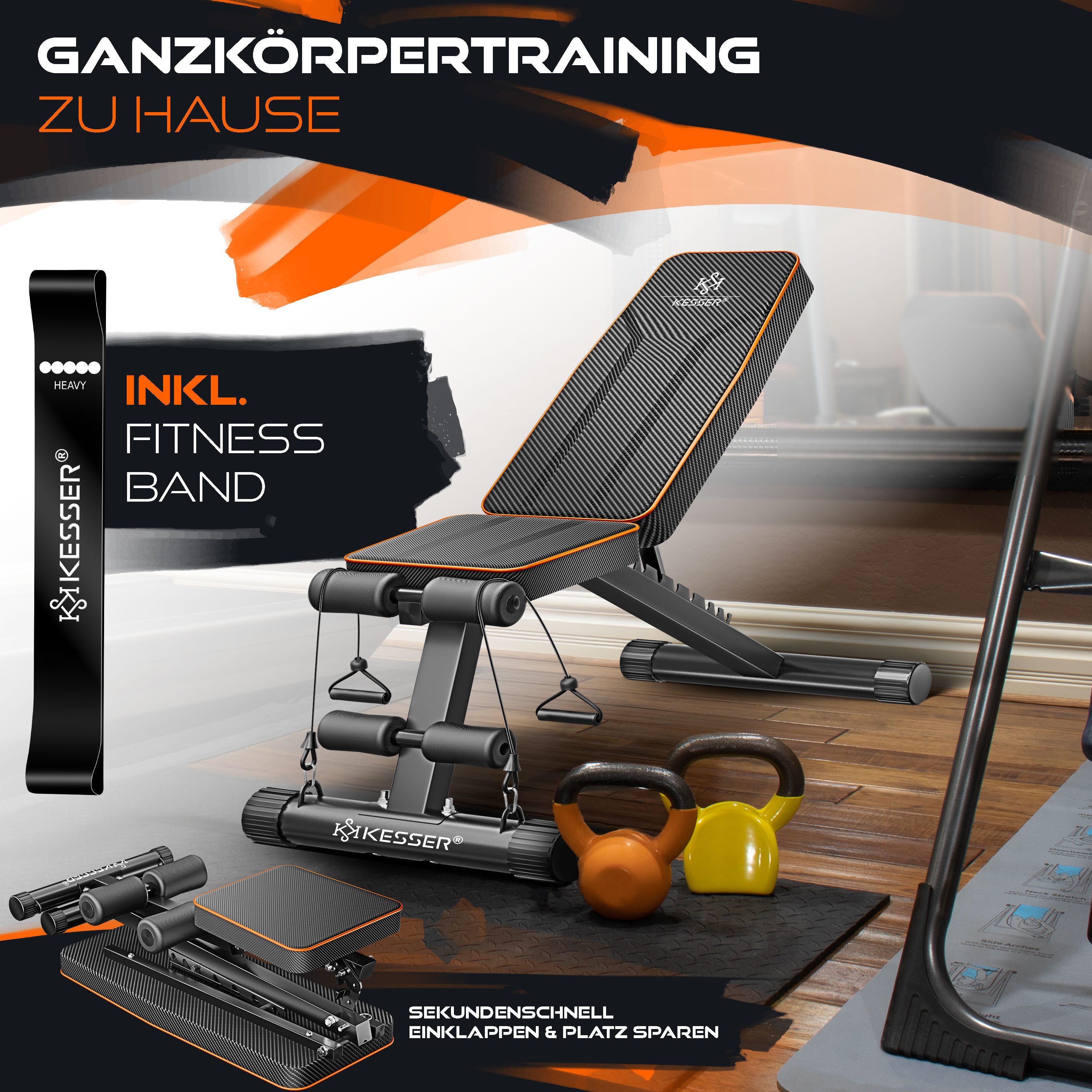 KESSER Hantelbank Multifunktionale Trainingsbank mit Rückenlehne 500kg Belastbarkeit, (Klappbare Verstellbare Mehrzweck-Hantelbank Flachbank zum Bankdrücken), Fitnessgerät Ganzkörpertraining Schrägbank für Fitness & Training