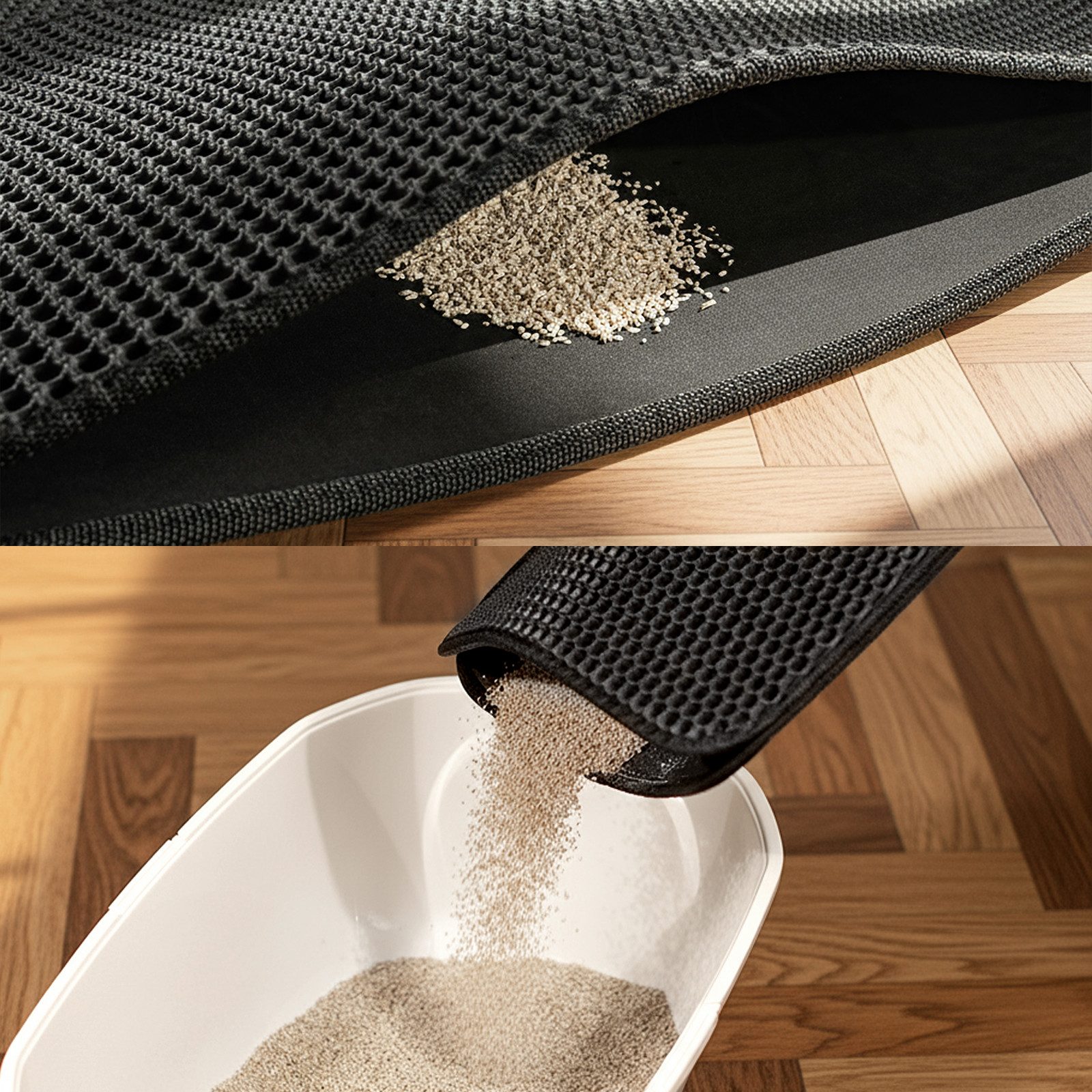 belviona Bodenschutzmatte für Katzentoiletten, Katzenstreumatte 61x38 cm, schwarz, rutschfest, 1-St., EVA-Matte im Bienenwabenmuster, wasserdicht & pflegeleicht – Bild 4 von 5