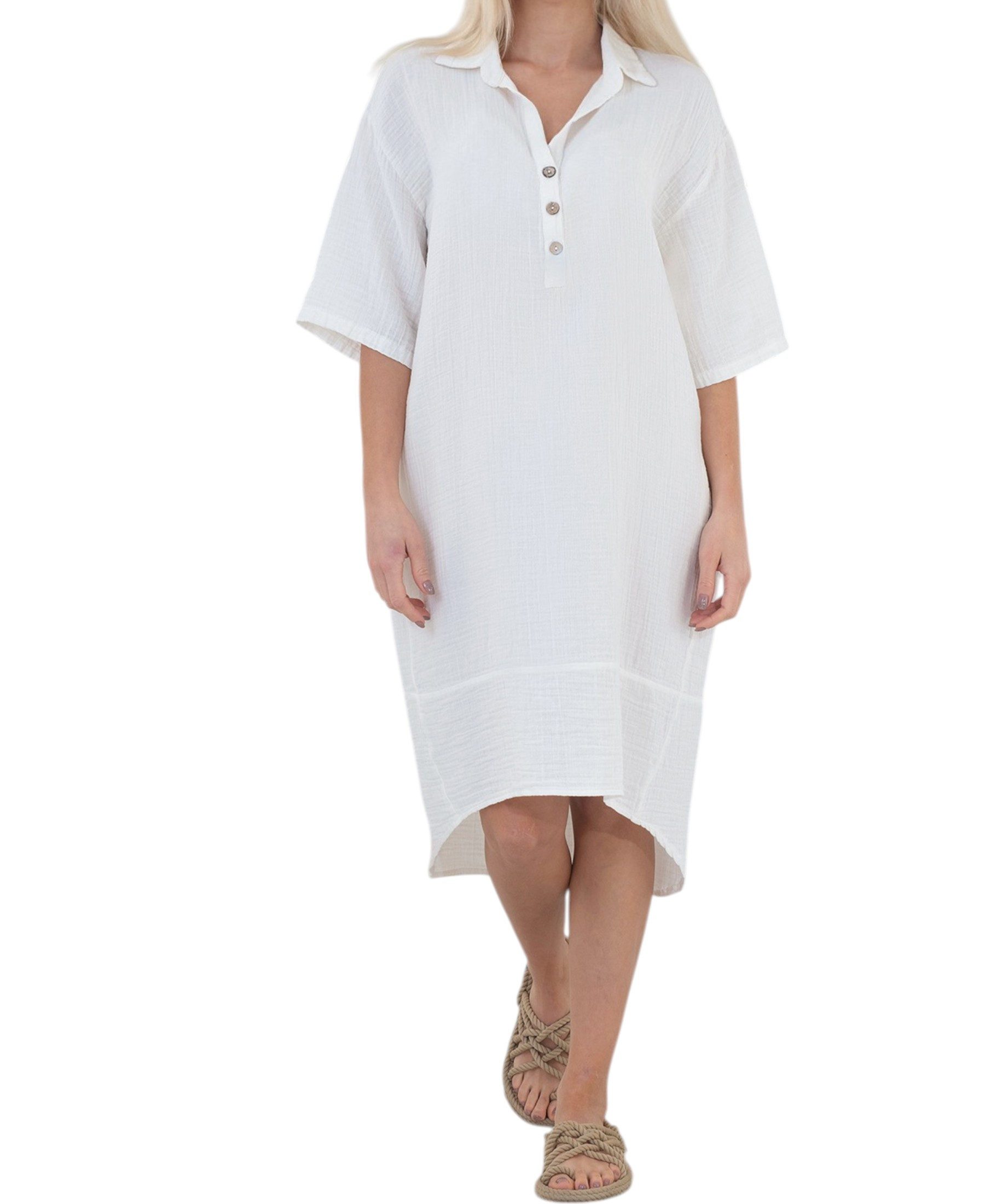 WENOR Blusenkleid Musselin Damen Tunika Kleid Baumwolle Oversize Sommerkleid Locker geschnitten mit Hemdkragen, Knopfleiste und Seitentaschen – Bild 2 von 5