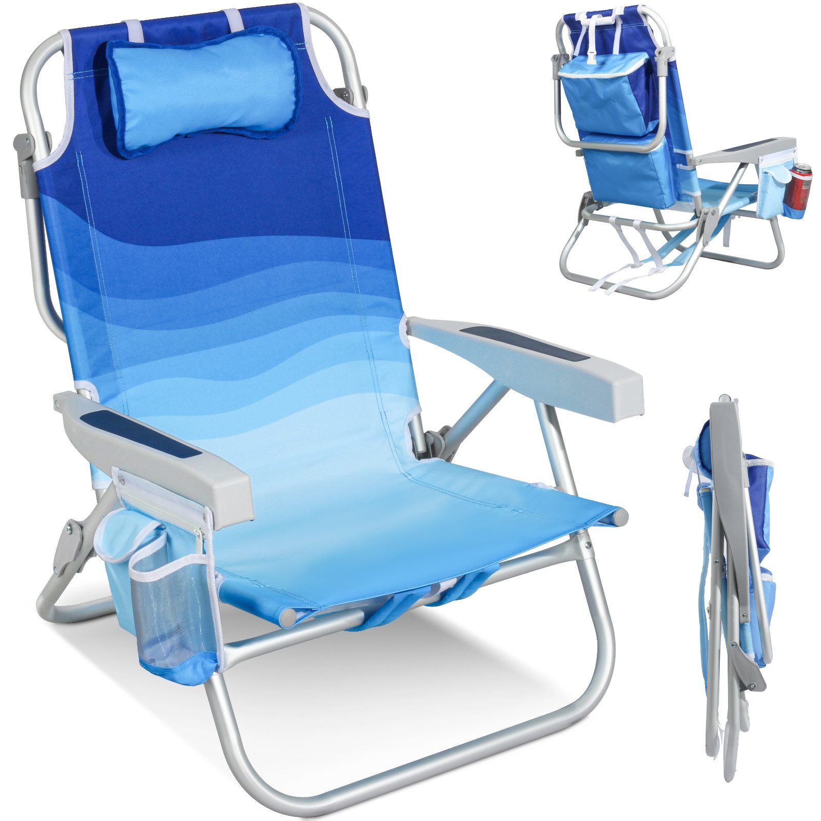 HOMECALL Klappstuhl Strandstuhl Leicht Klappbar Camping, 5-fach verstellbare Rückenlehne (Bis150KG Aluminiumrahmen, groBe Kuhitasche und Aufbewahrungstasche, 1 St), Seitentaschen, Kopfstütze, Schultergurten, Handtuchhalter