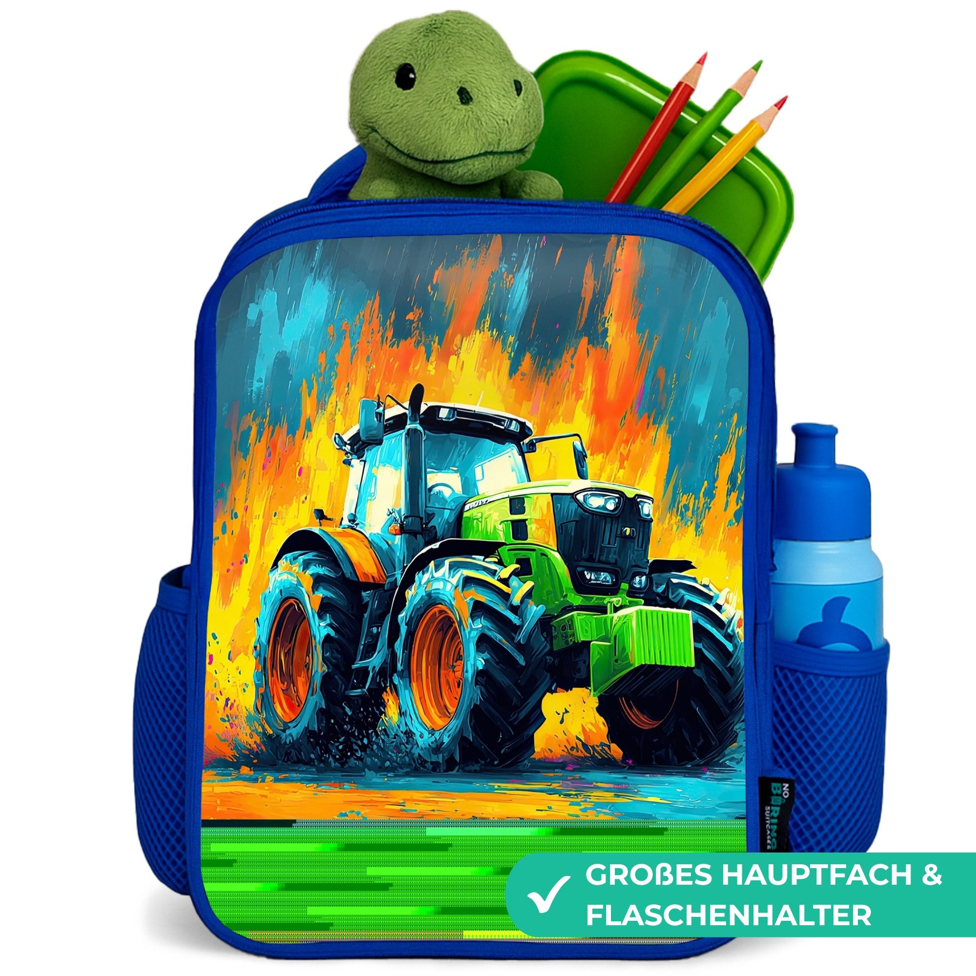 NoBoringSuitcases.com© Rucksack Blau - Traktor - Grün - Abstrakt - Pinselstriche, Kinderrucksack, Schulrucksack, Freizeitrucksack, Jungen, Kindergarten – Bild 2 von 5