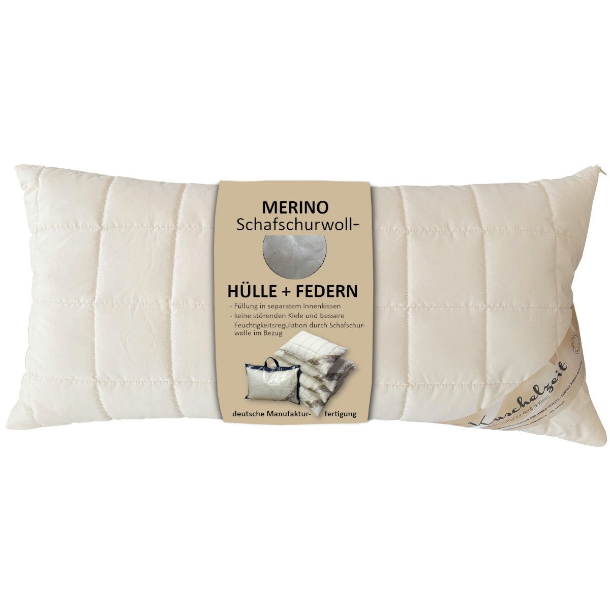 Meivita Gänsefederkopfkissen Federkissen mit Merino Schafschurwollbezug in 40x80 cm, Füllung: 100% Federn, Bezug: 100% Baumwolle, Seitenschläfer, Rückenschläfer, Kopfkissen mit abnehmbaren Bezug