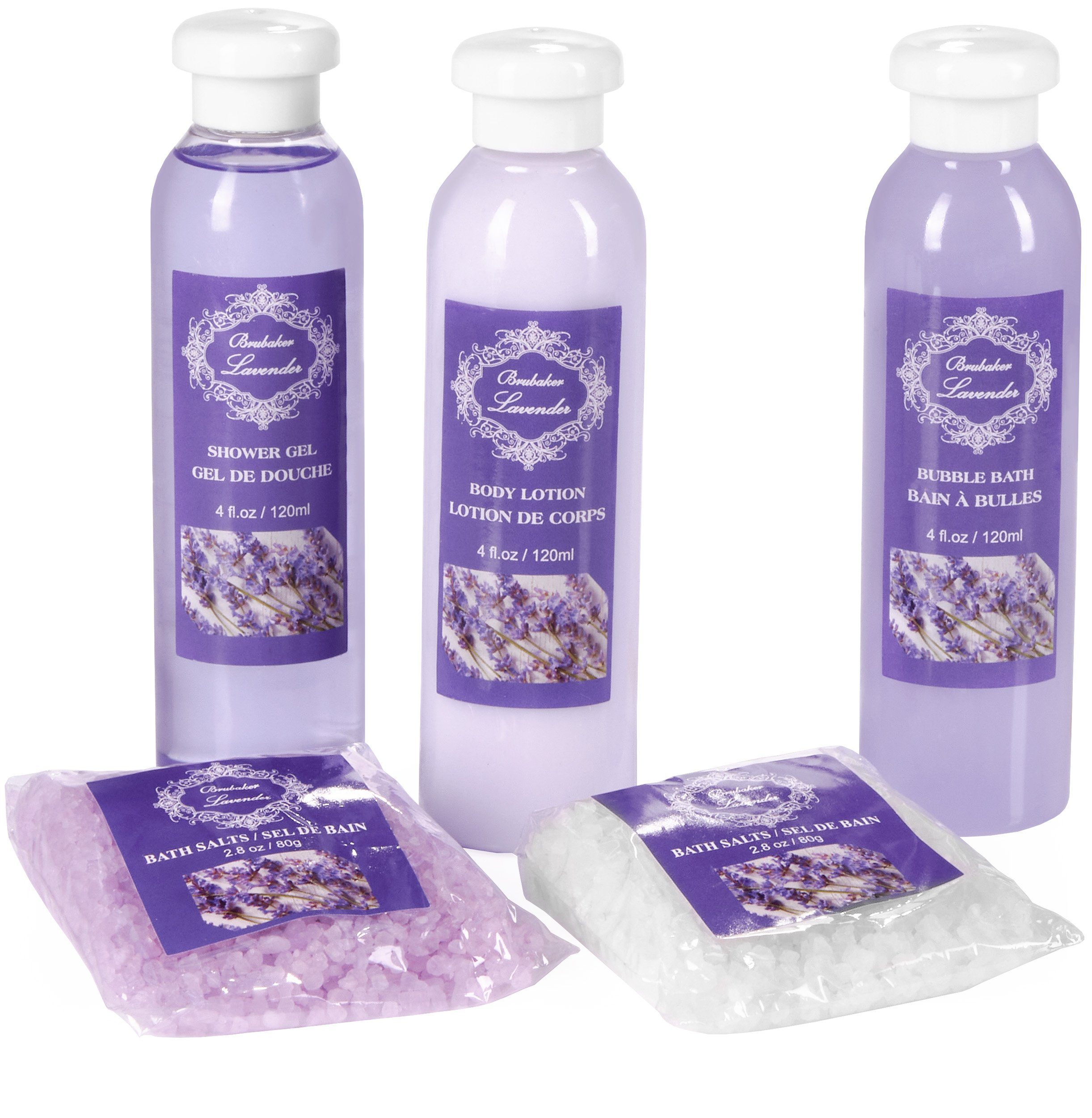 BRUBAKER Hautreinigungs-Set Bade- und Dusch Set, Badeset mit Lavendel Duft, Pflegeset, 10-tlg., Geschenkset im Vintage-Schränkchen für Frauen, reinigend und pflegend