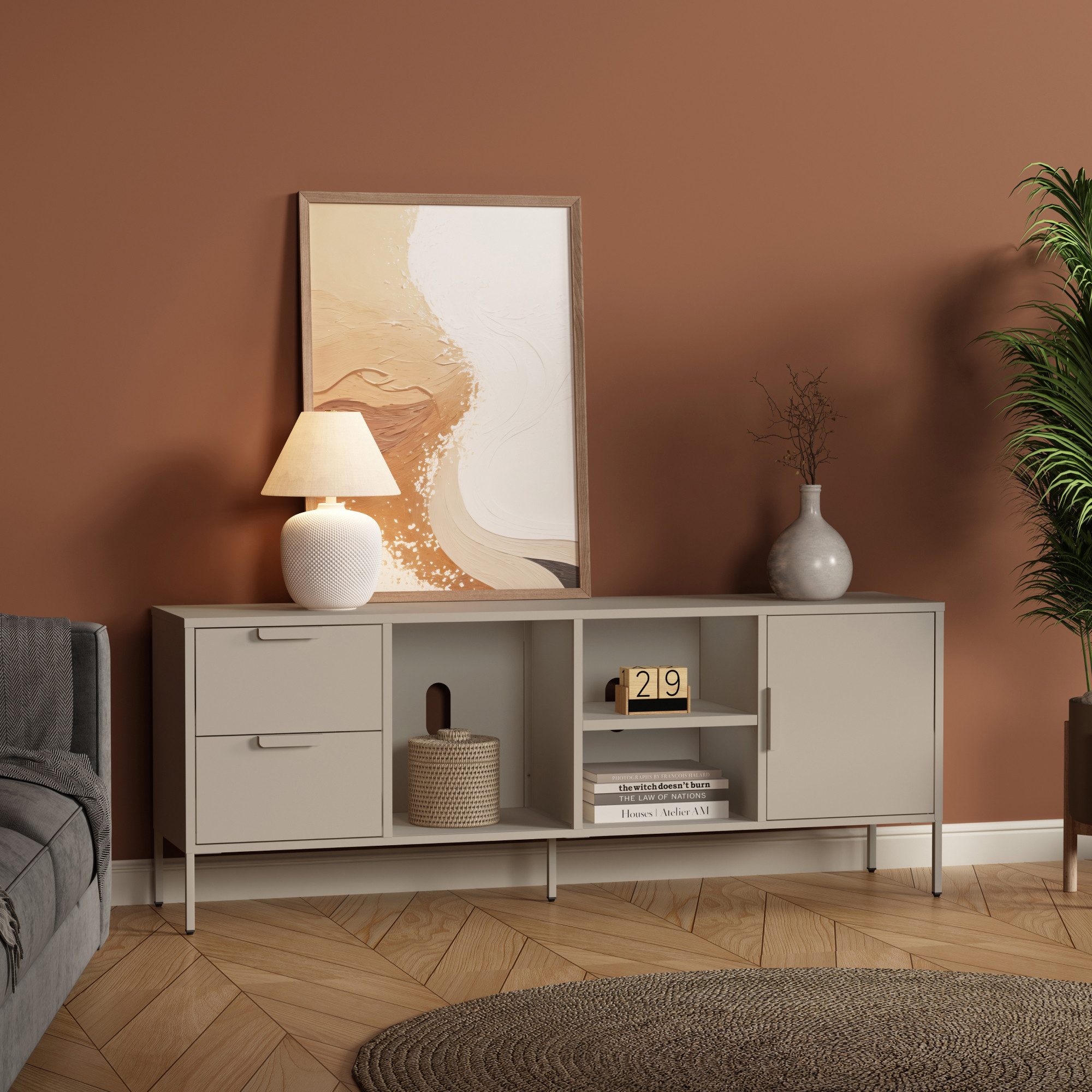 en.casa TV-Schrank »Kliri« mit 2 Schubladen 1 Tür Stahl 150 x 35 x 58 cm Kamelfarben