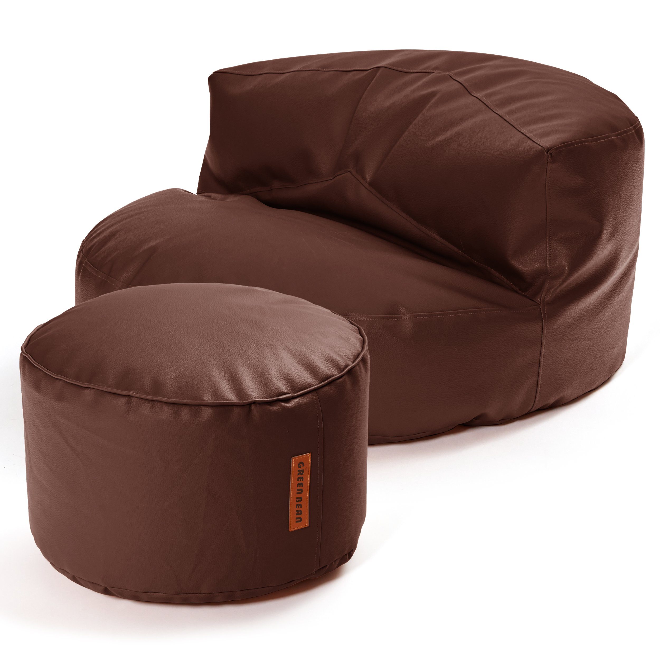 Green Bean Sitzsack Sofa + Pouf Sitzsack als Set aus Kunstleder, EPS Perlen Füllung ca. 90x45cm - Couch XXL Riesensitzsack Lounge Stay Dunkelbraun