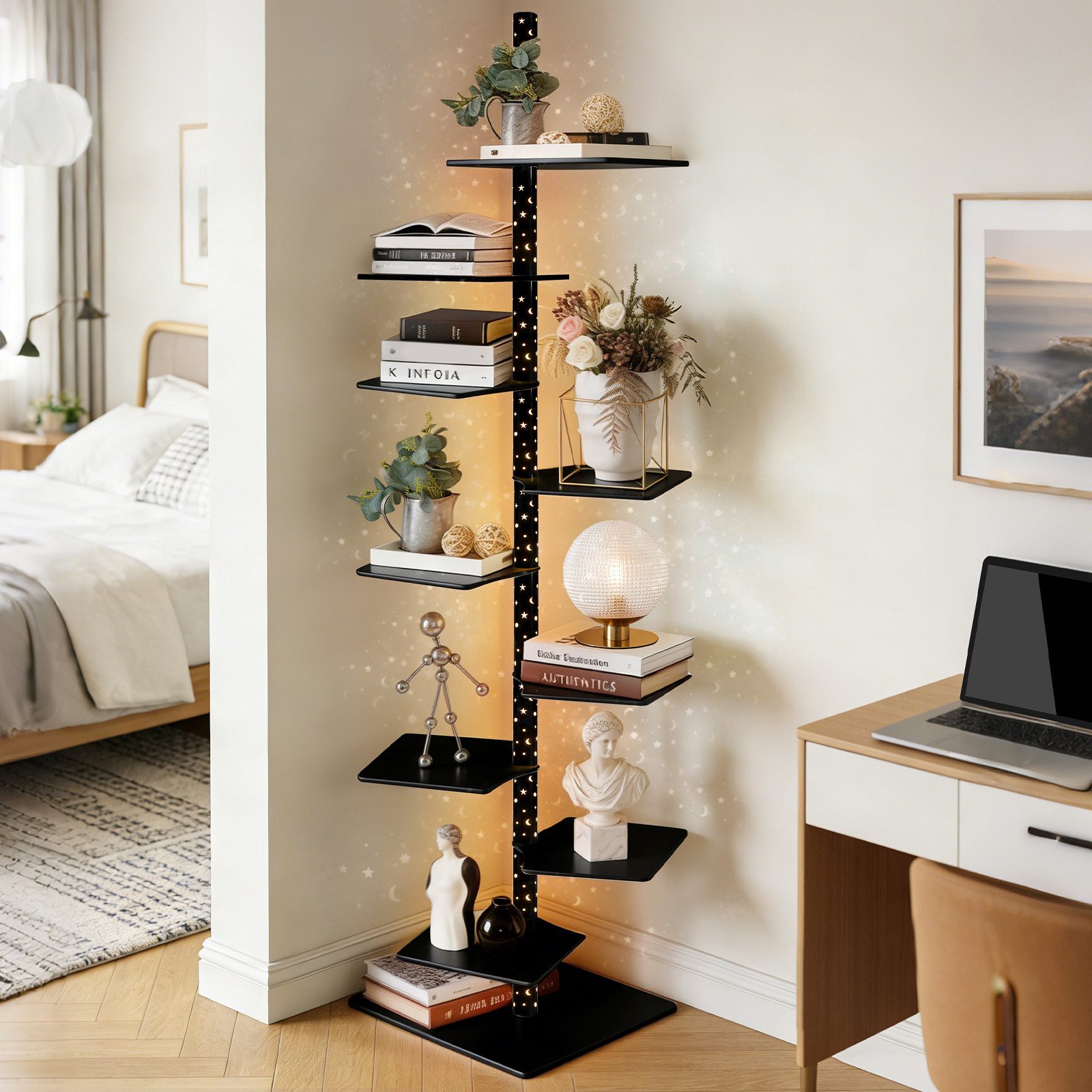 XERSEK Bücherregal 1.8m LED 9-Stöckiges Bücherturm Freistehend Bookshelf Standregal, Drehbaren Metall Regalen, Schwarz, mit LED-Sternenlicht, 180x38x38cm