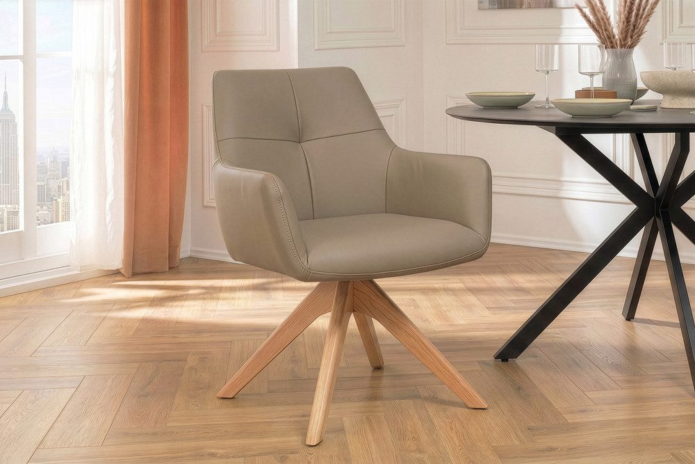 riess-ambiente Drehstuhl ALMARA taupe/natur - Eiche, Echtleder, 360°, Massivholz, modern (Einzelartikel, 1 St), Natürlicher Polsterstuhl - ideal f. Ess- & Wohnzimmer oder Home Office