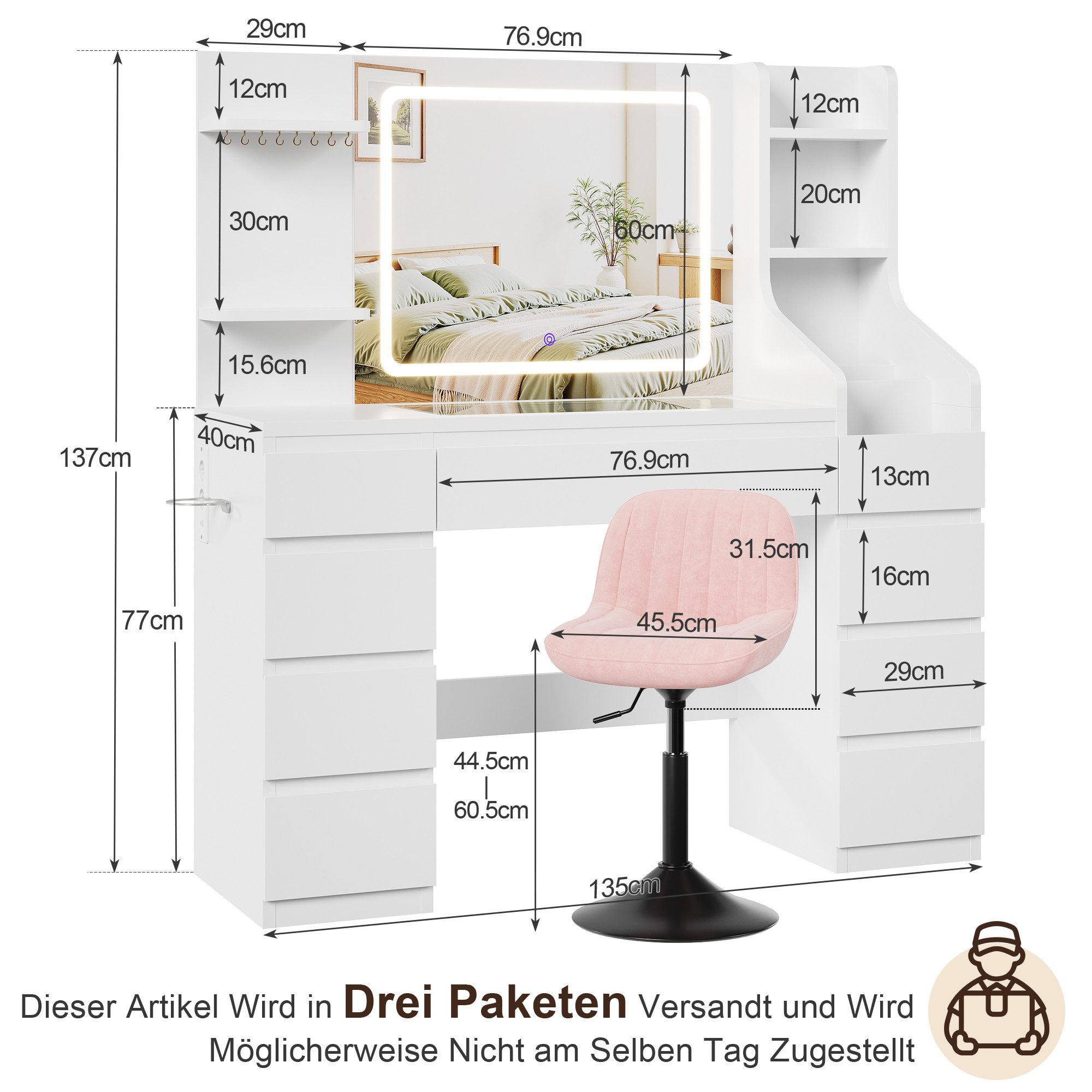 HOMALL Schminktisch Dreifarbiger, LED-beleuchteter Schminktisch Extra großer Stauraum (Maße: 135 × 40 × 137 cm, Arbeitsplatte aus gehärtetem Glas, mit 7 offenen – Bild 2 von 5