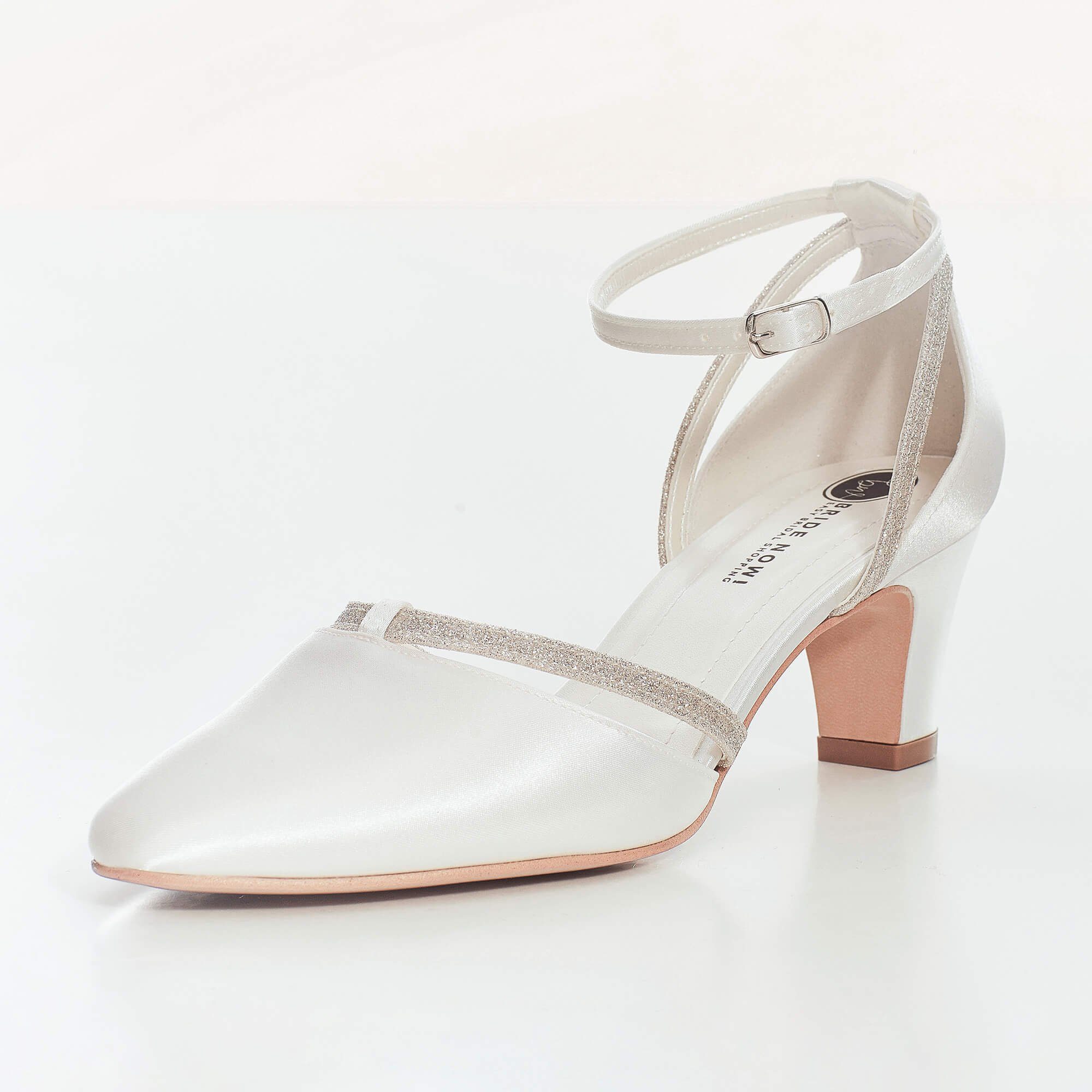 Bride Now! Damen Brautschuhe creme Satin glitzernd gepolstert Blockabsatz Pumps Pumps