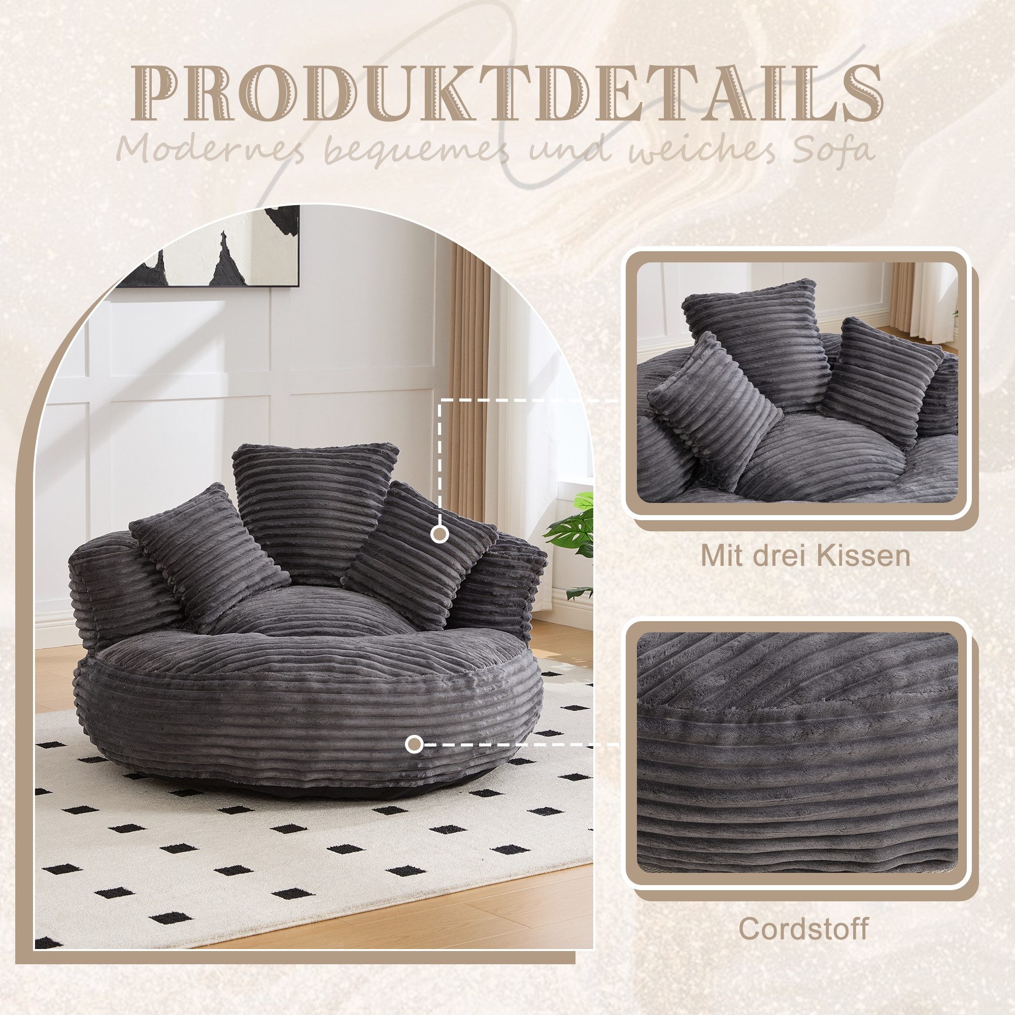 LVHOM Sitzsack 108x108x52cm Chenille Premium Sofa mit 3 extra Kopfkissen (Kuschelig & Atmungsaktiv, Einzelsitzer-Lounge, komplett komprimiert geliefert. Perfekt – Bild 5 von 5