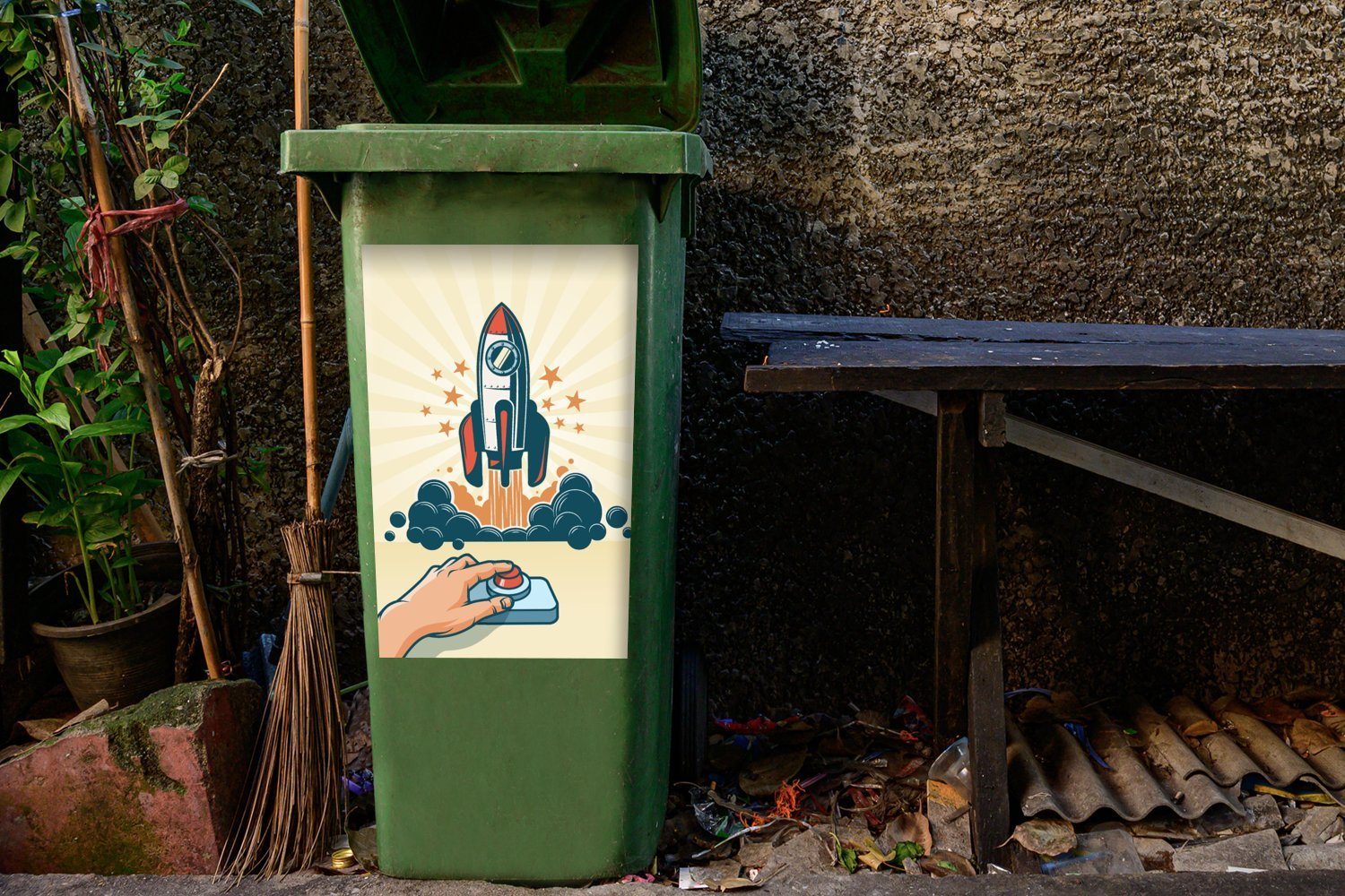 Sticker, Rakete Container, St), Mülleimer-aufkleber, Vintage Knopf - (1 Wandsticker Abfalbehälter - Mülltonne, MuchoWow