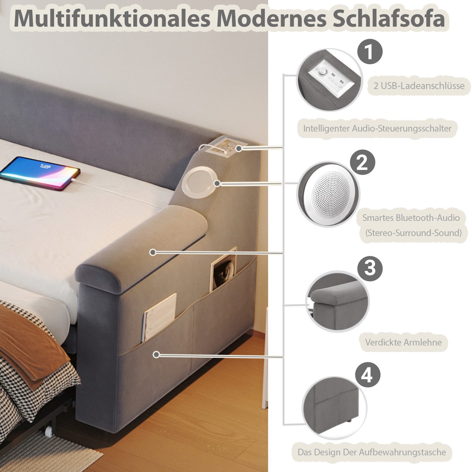 OKWISH Schlafsofa Polsterbett Funktionsbett, Bluetooth-Stereo & günstig online kaufen