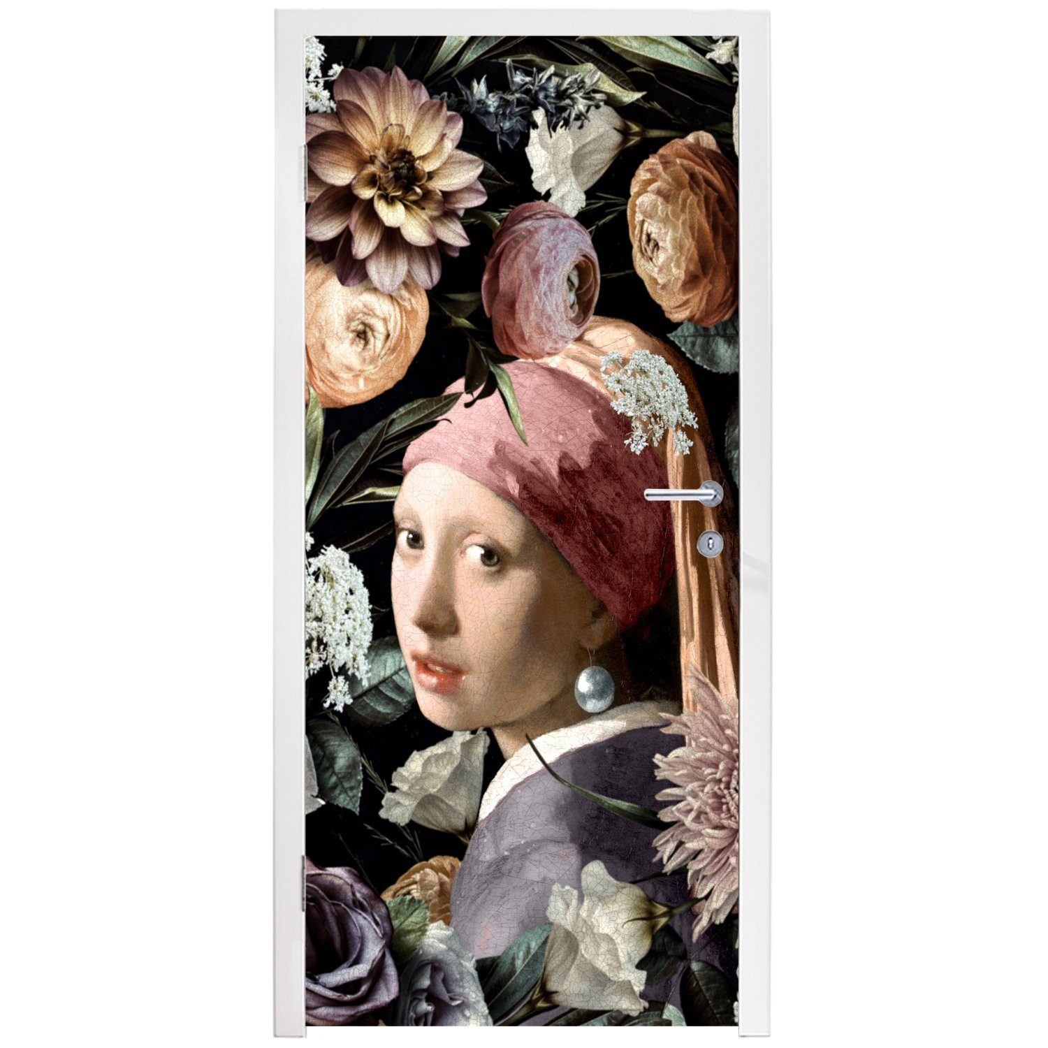 bedruckt, (1 75x205 Türaufkleber, - Tür, cm Matt, Pastell St), - - -, Perlenohrring MuchoWow Kunstwerk Türtapete mit für Fototapete Mädchen Blumen - Vermeer