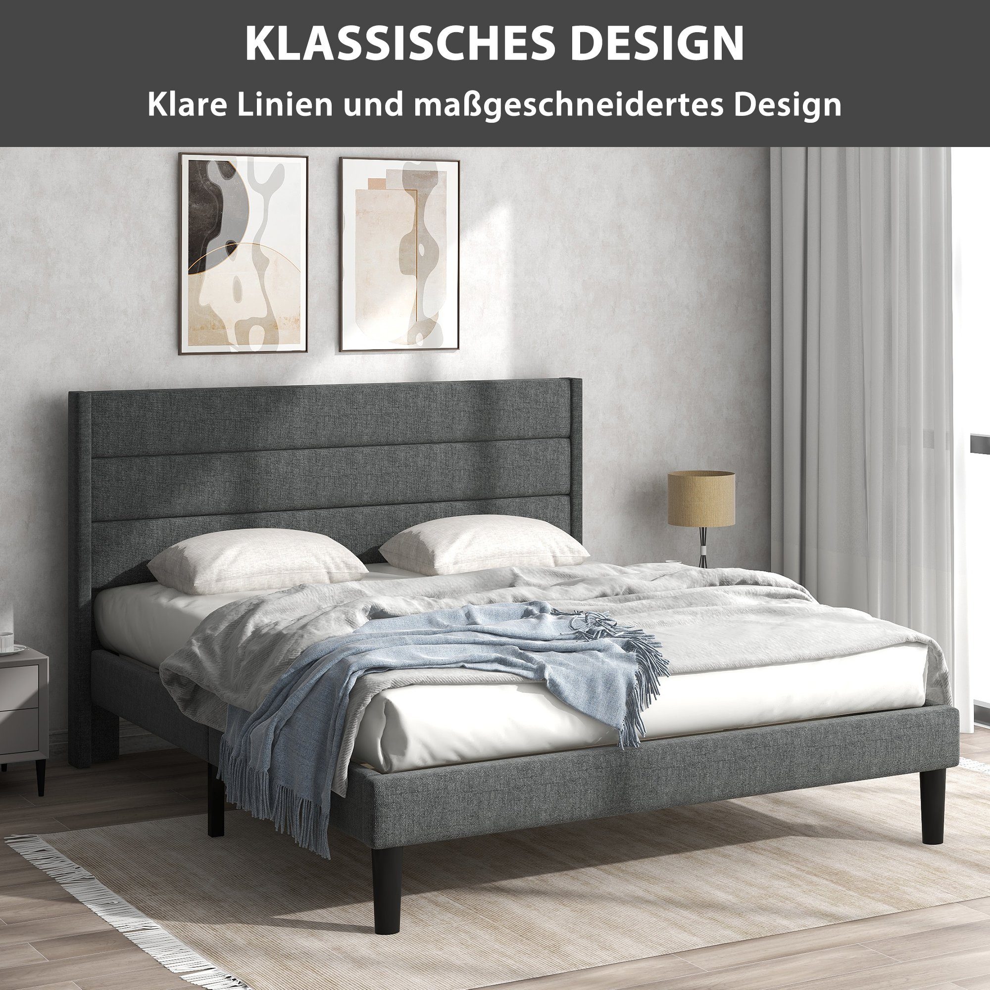 Flieks Polsterbett, gepolstertes Doppelbett Textilbezug Leinen, 140x200cm günstig online kaufen