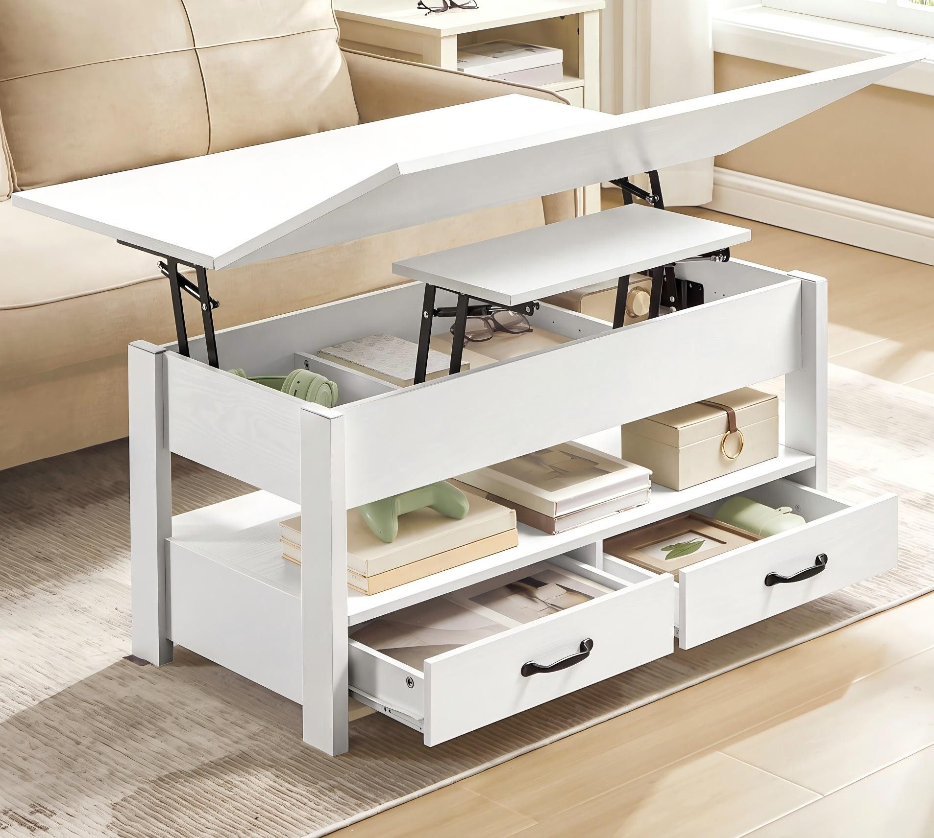 VASAGLE Couchtisch höhenverstellbar mit 2 hochklappbaren Tischplatten, Stauraum (multifunktional, inkl. Zubehörpaket & Anleitung), 2 Schubladen und Ablage, Wohnzimmertisch, weiß