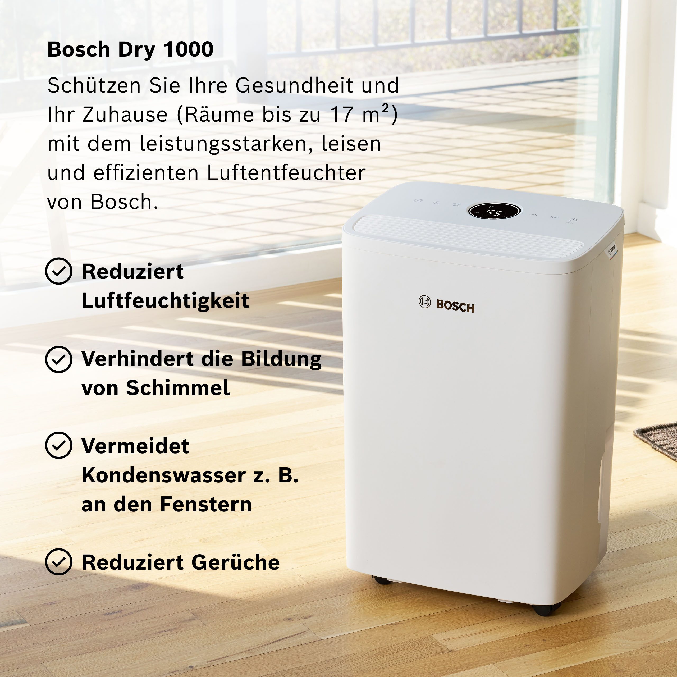 BOSCH Luftentfeuchter Dry 1000 - Ideal für die Wohnung & schnelle Trocknung der Wäsche, Entfeuchtung 10 l/Tag, Tank 2,5 l, Ultra-leiser Betrieb; nur 34 dB(A)