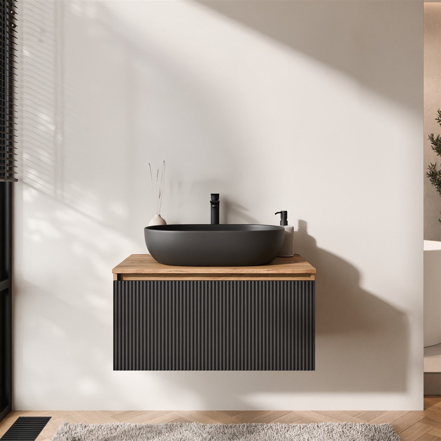 Planetmöbel Waschtisch-Set Arisa 2 teilig, Waschtisch mit Unterschrank 80 cm, Waschbecken 60 cm, (Waschtischunterschrank hängend für Gäste WC & Bad, schwarz geriffelt, 2-St., Badmöbel Set mit Waschbecken 60 cm schwarz), Schublade mit Soft-Close Funktion