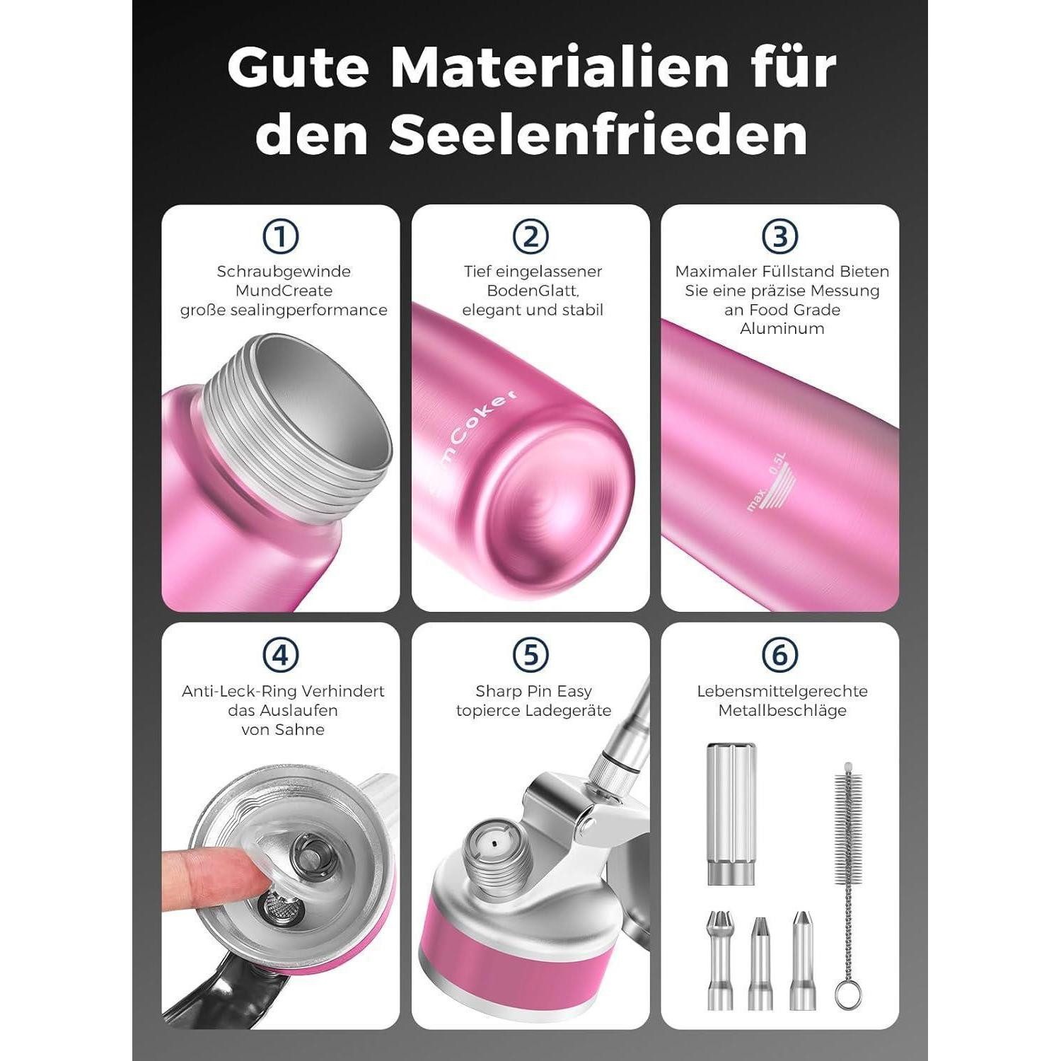 LuxusKollektion Sahnesyphon Sahnespender Aluminium 500ml Sahnesiphon Spritztüllen Rosa