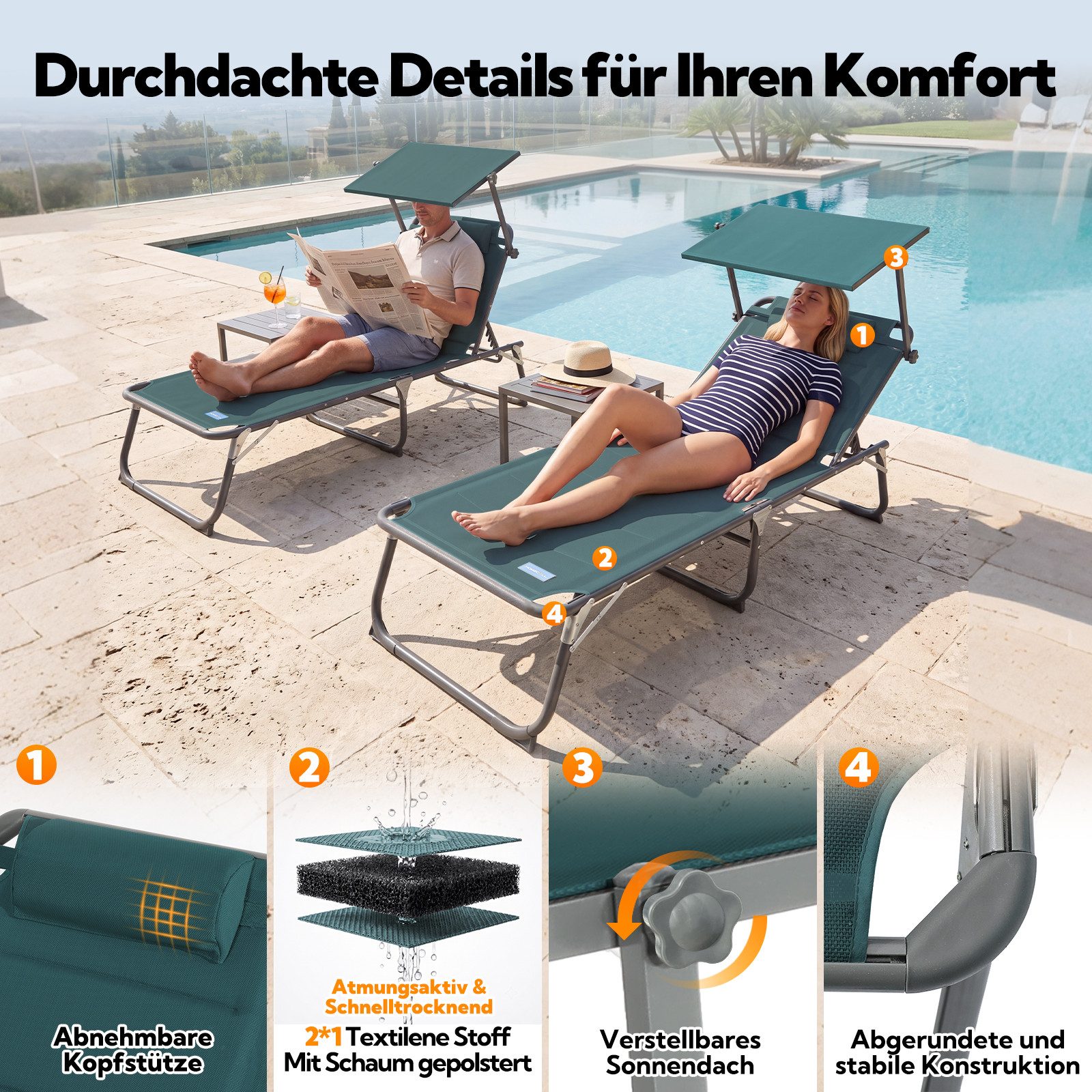 HOMECALL Gartenliege Sonnenliege AluLiege Liegestuhl Strandliege Liegen wetterfest, klappbar, Textilene Mit Dickemschnelltrocknende Schaumstoffpolsterung, Verst – Bild 5 von 5