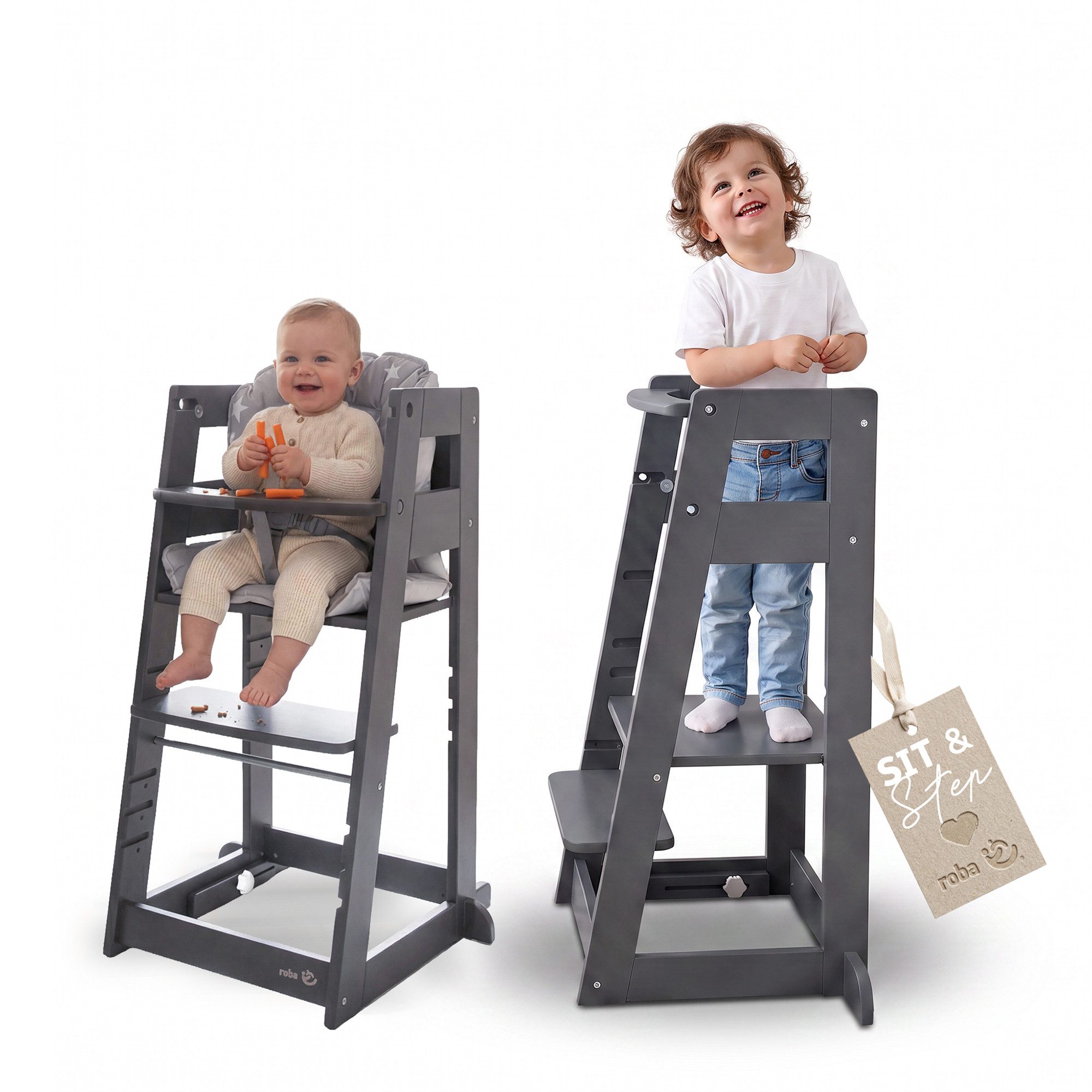 roba® Hochstuhl & Lernturm "2 in 1 Sit & Step" - Aus Holz - Montessori, mit Kippschutz -