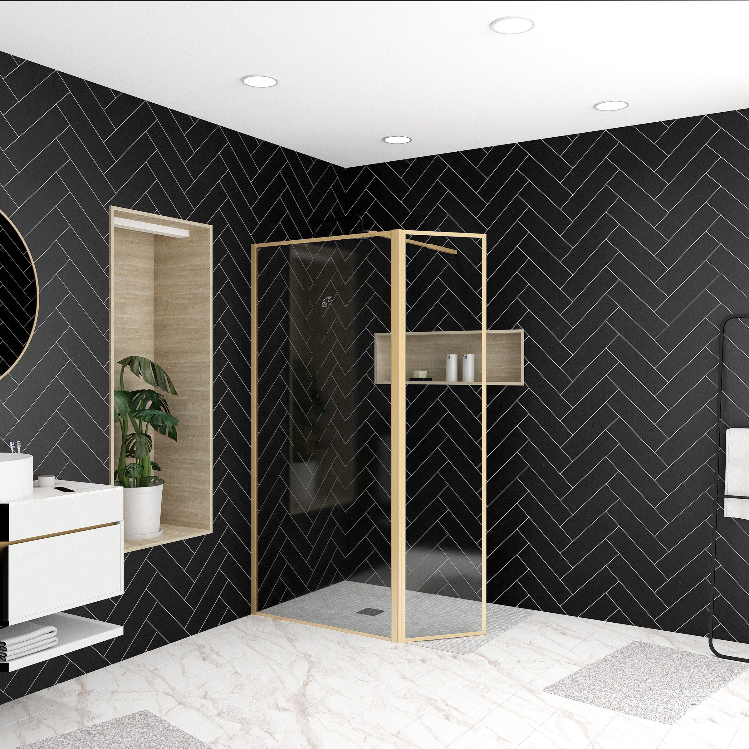 Marwell Walk-in-Dusche Golden Frame, Einscheibensicherheitsglas, 180° schwenkbare Flügeltür, Aluminiumrahmen in gebürsteter Goldoptik