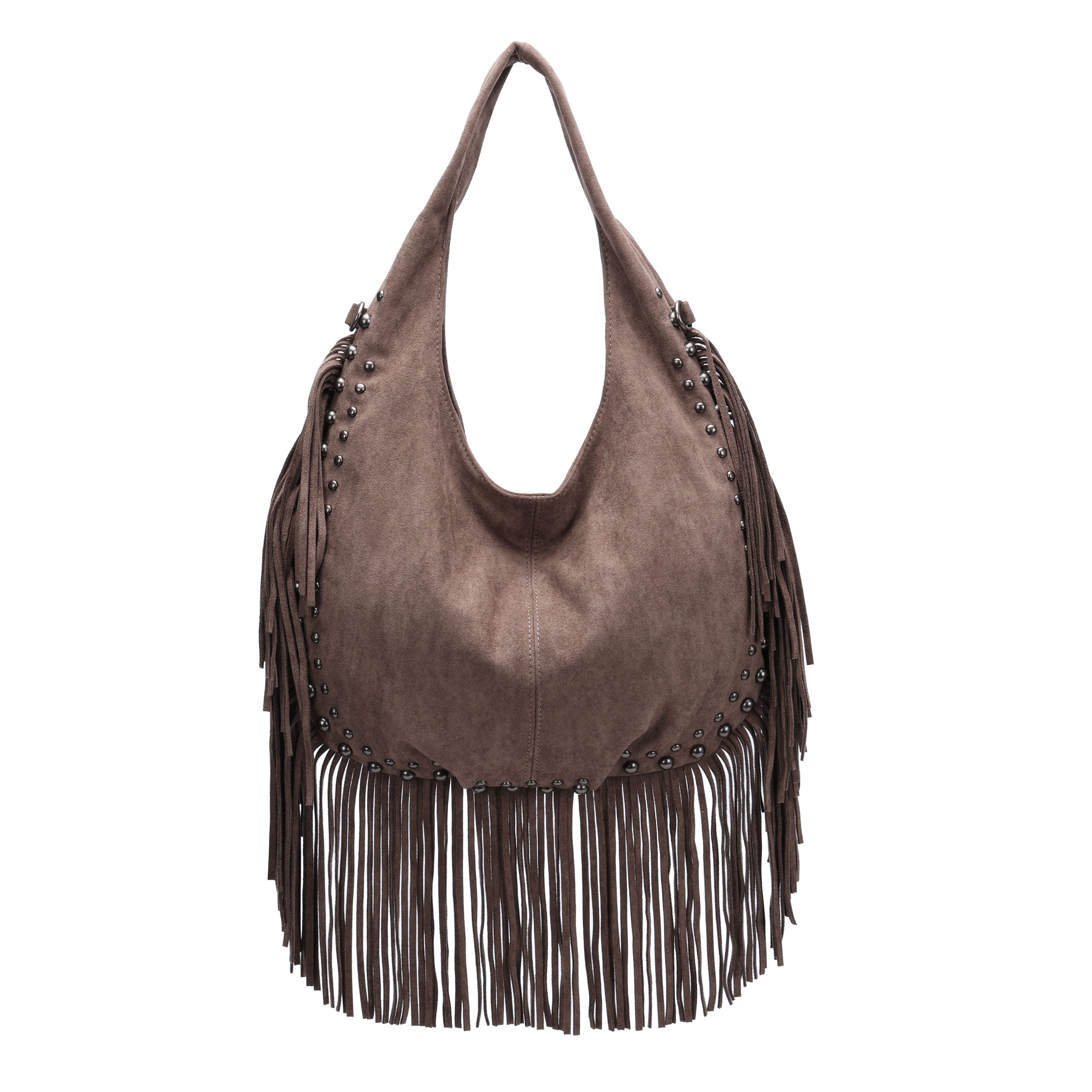 MIRROSI Shopper Damen Fransen Schultertasche Wildleder-Optik aus Polyester (Neue Kollektion Herbst/Winter 2026, ca. 41 x 5 x 37 cm), Boho Tasche mit Fransen, Nieten & langem Riemen