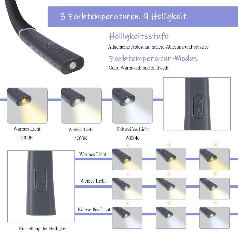 LED Hals Schwarz Farben Buchlampe Buch, 3 Helligkeitsstufen, 3 Leselampe Leselampe und GelldG