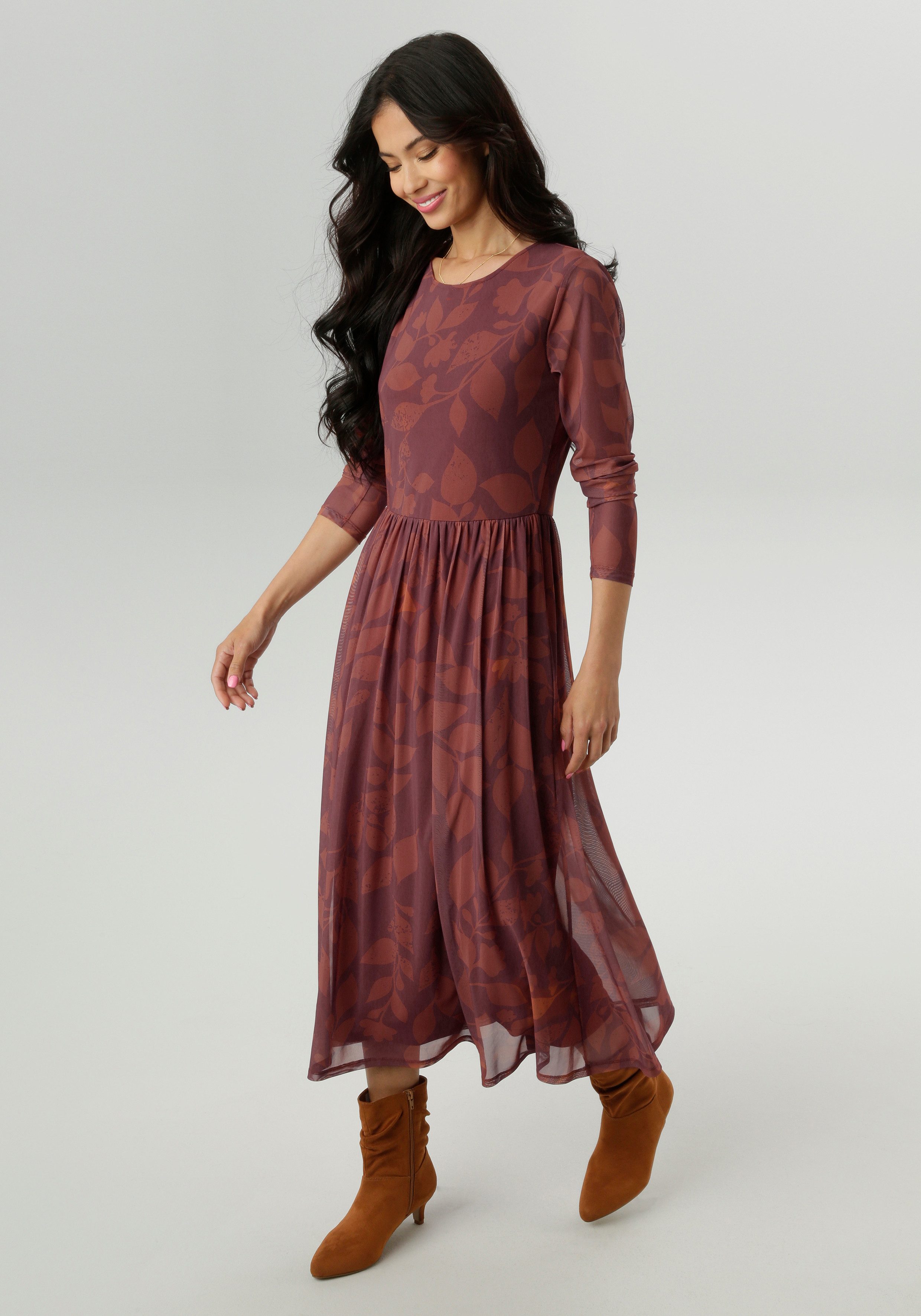 Aniston SELECTED Midikleid mit floralem Blättermuster in warmen Brauntönen günstig online kaufen