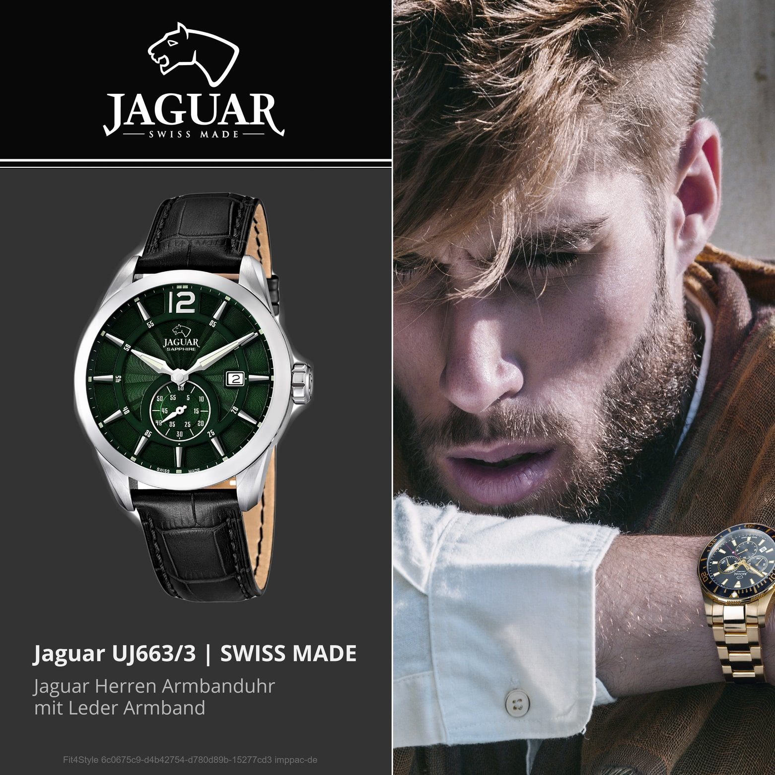 Elegant, Herren Jaguar Uhr schwarz, Lederarmband J663/3, Quarz Leuchtzeiger rund, Armbanduhr Herren Quarzuhr Elegant JAGUAR