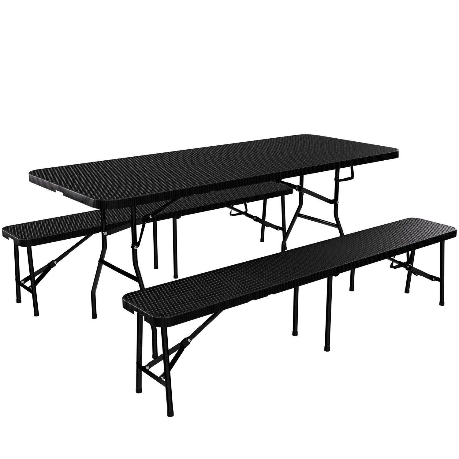 24Move Gartentisch Bierzeltgarnitur 3er-Set, Klappbarer Tisch und Bänken im Rattan-Optik (für innen & außen, belastbar bis 150 kg, 3-teilig, mit 2 Sitzbänken und 1 Tisch), Festzeltgarnitur, wetterfest und pflegeleicht