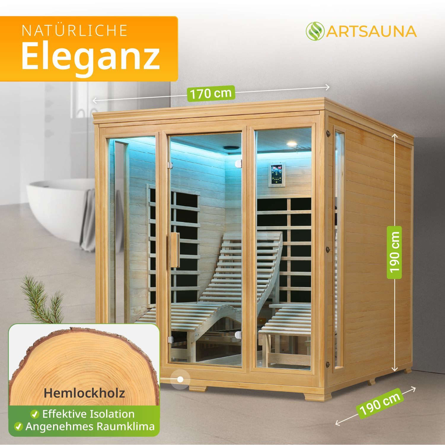 Artsauna Infrarotkabine Billund Dual Technologie, für 2 Personen, Hemlock-Holz, HiFi-System, Ionisator, LED-Farblicht