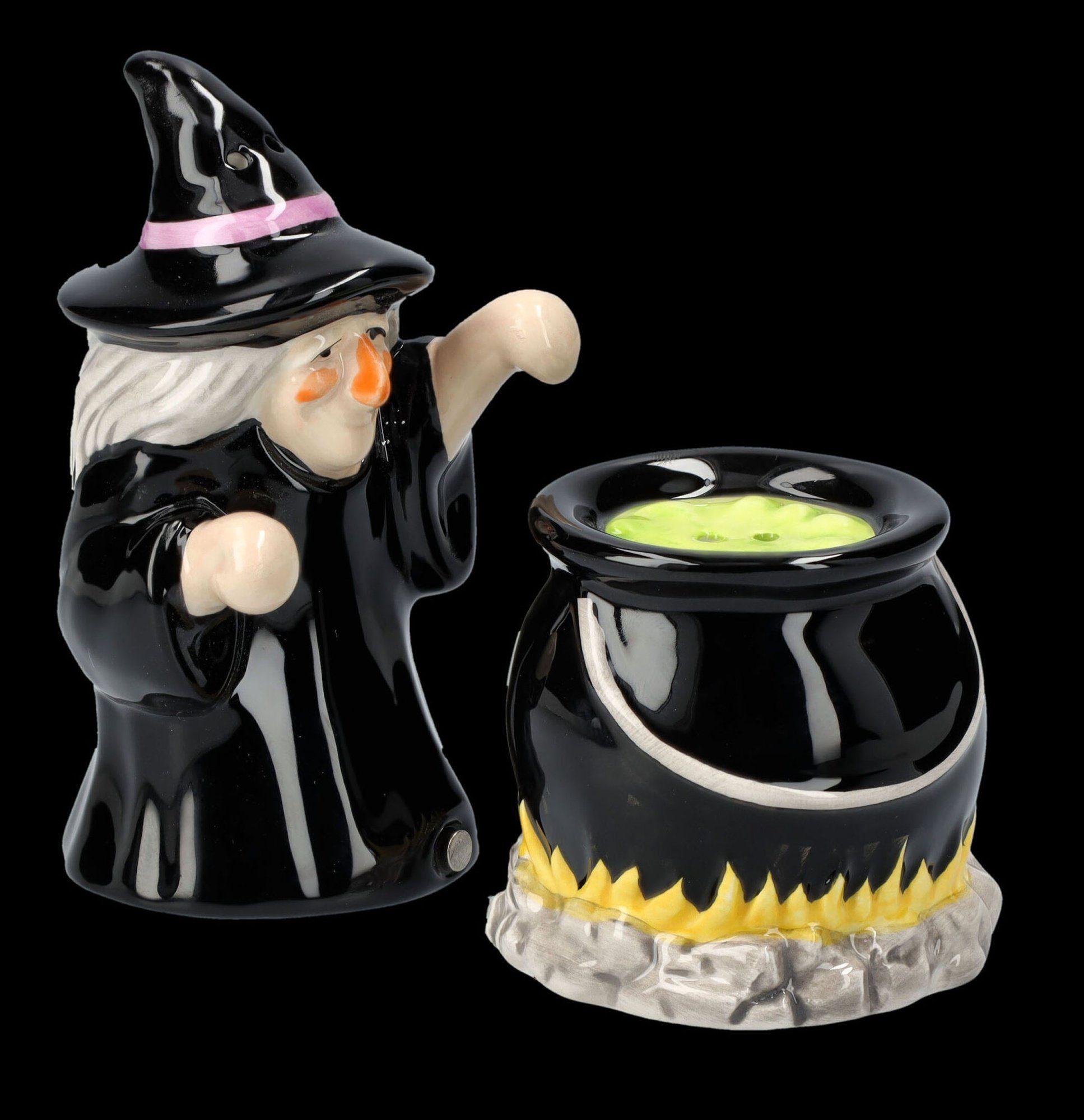 Figuren Shop GmbH Salz- / Pfefferstreuer Salz- und Pfefferstreuer - Hexe mit Kessel - Fantasy Hexenkessel Deko, (Set, 2-tlg)
