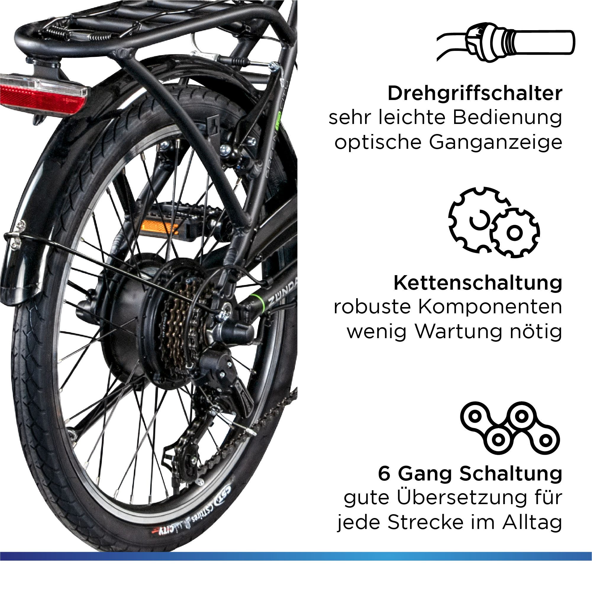 Zündapp E-Bike Faltrad Z101, 6 Gang Shimano Tourney RD-TY300 Schaltwerk, Kettenschaltung, Heckmotor, 270 Wh, Pedelec, Elektrofahrrad für Damen u. Herren