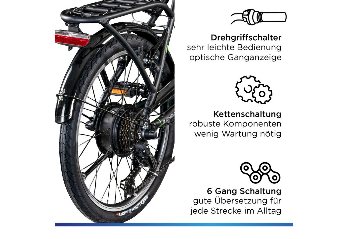Thumbnail - Zündapp E-Bike Faltrad Z101, 6 Gang Shimano Tourney RD-TY300 Schaltwerk, Kettenschaltung, Heckmotor, 270 Wh, Pedelec, El...