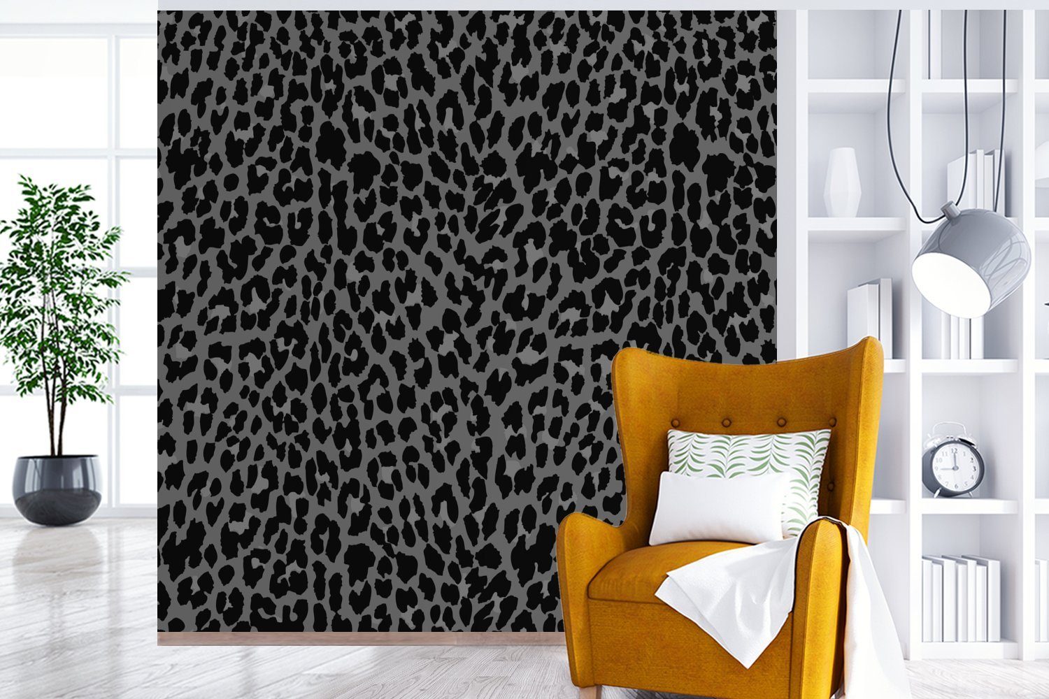 MuchoWow Fototapete Leopard - Schlafzimmer, oder Vinyl Grau, Wohnzimmer Wandtapete Matt, Tapete St), für - (5 Muster bedruckt