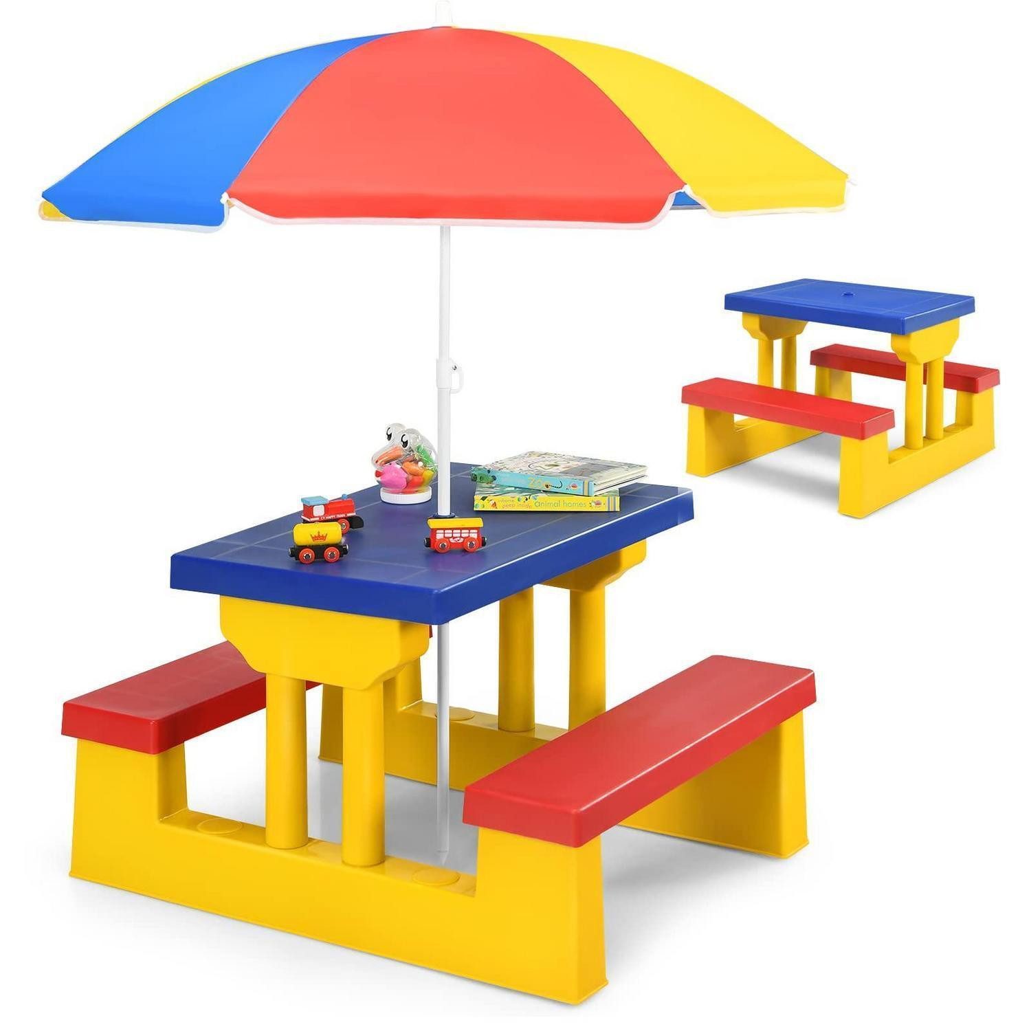 LuxusKollektion Garten-Kindersitzgruppe Kindersitzgruppe mit Sonnenschirm Blau Rot Gelb