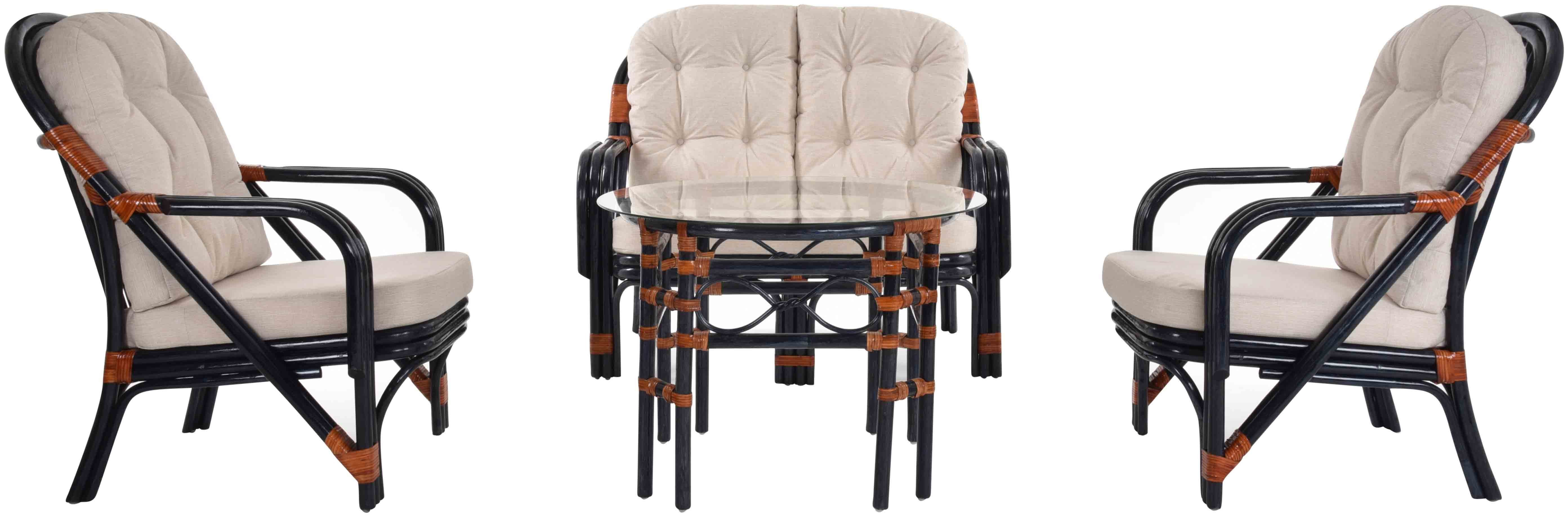 Krines Home Sitzgruppe Set/4 Rattan Gruppe NIAM Wintergarten Wohnzimmer Rattanset Set, (4-tlg., 2x Sessel, 1x Zweisitzersofa, 1x Tisch mit Glasplatte), Rattangruppe, Rattanmöbel