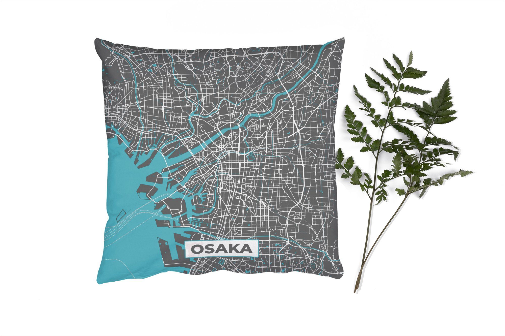 Wohzimmer, Dekokissen mit Zierkissen - Osaka Deko, Blau - Füllung MuchoWow Karte Schlafzimmer, - für Stadtplan, Sofakissen