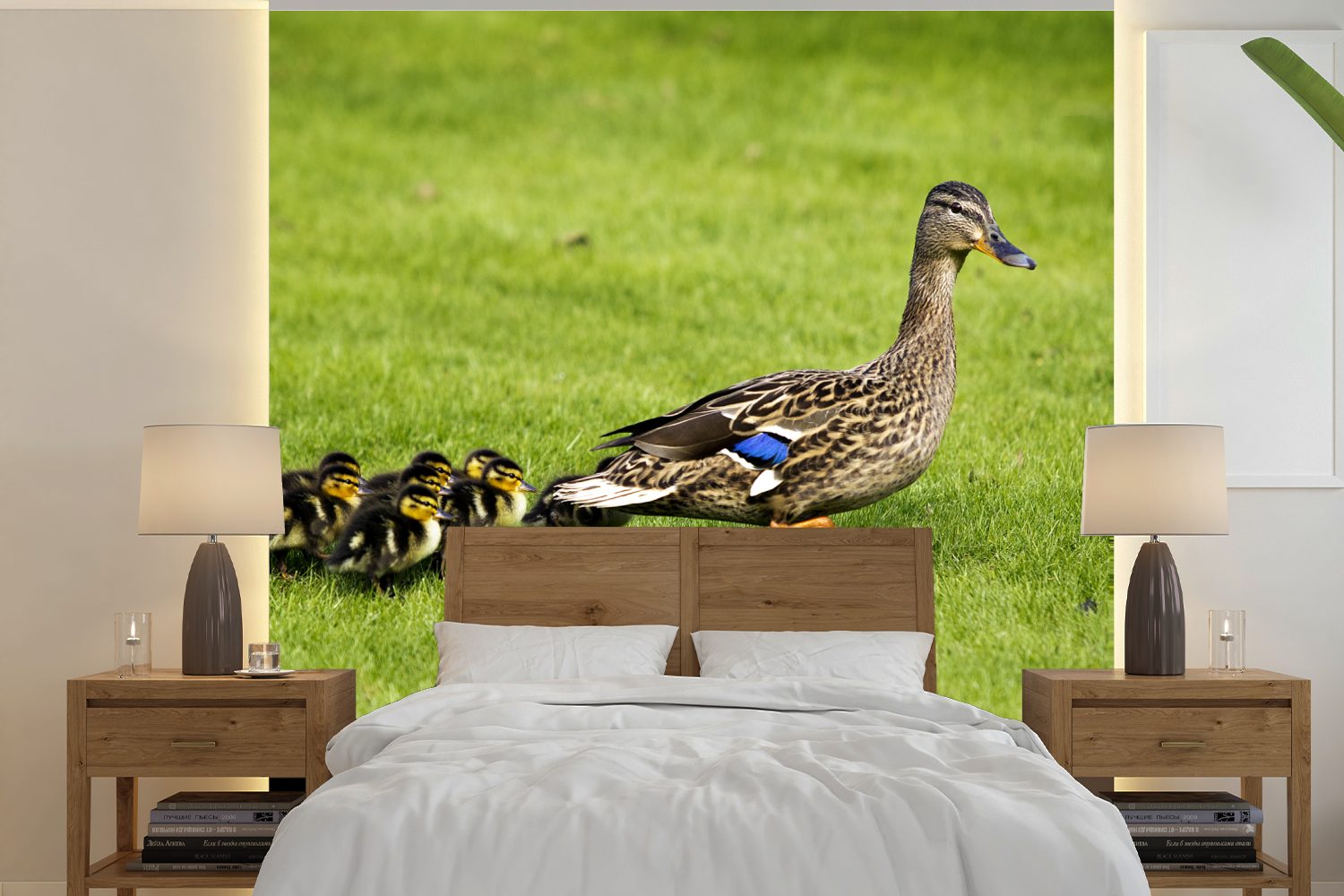 MuchoWow Fototapete Ente mit Jungen im Gras, Matt, bedruckt, (5 St), Vinyl Tapete für Wohnzimmer oder Schlafzimmer, Wandtapete