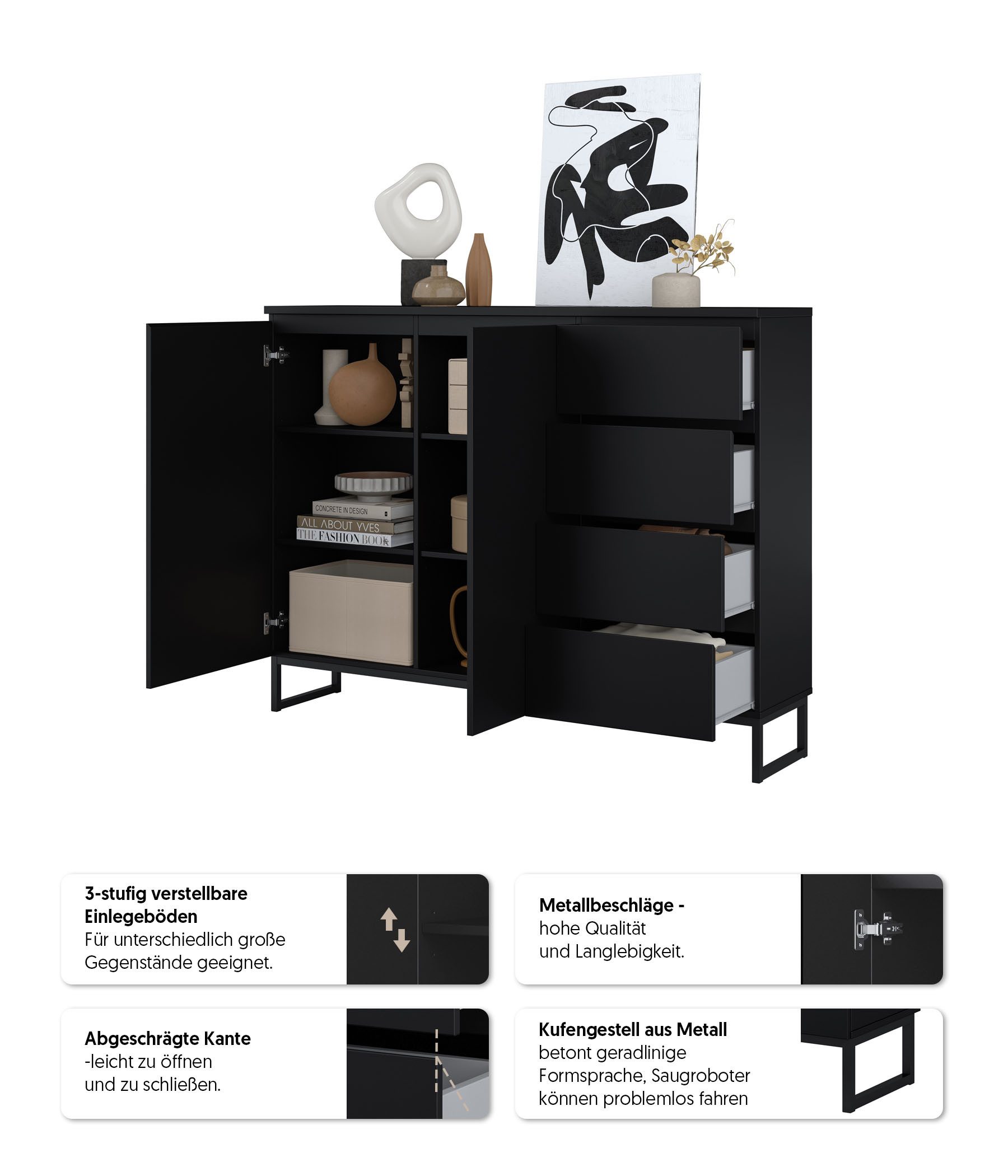 OTTO home Sideboard Modo II, Breite 150 cm, moderne grifflose Kommode 2Türen/4 SK, Schubladenschrank viel Stauraum, Einlegeböden verstellbar, Metallkufen