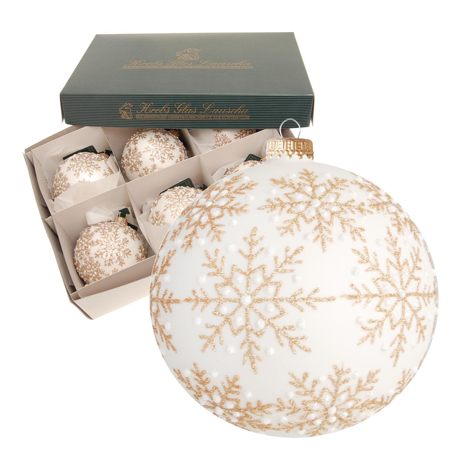Krebs Glas Lauscha Weihnachtsbaumkugel 6er Set - Glasanhänger - Weiß mit goldenen Schneekristallen - ca. 8cm, Weihnachtsdekoration mit funkelnden Details und stilvollen Akzenten
