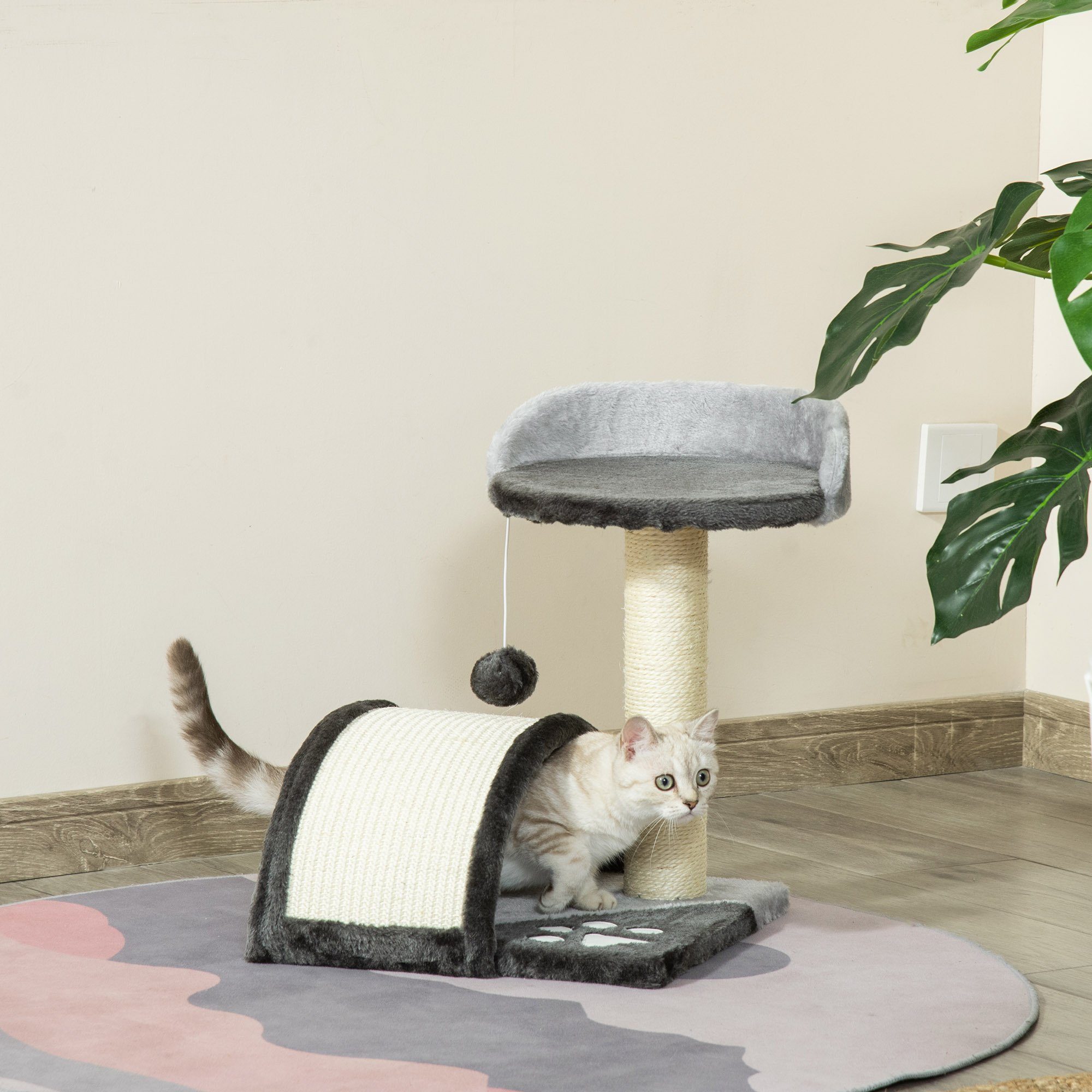 PawHut Kratzbaum Katzenbaum mit Spielbällen Katzenkratzbaum, Sisalseil-Kratzstangen Grau 35.5 x 37 x 46 cm