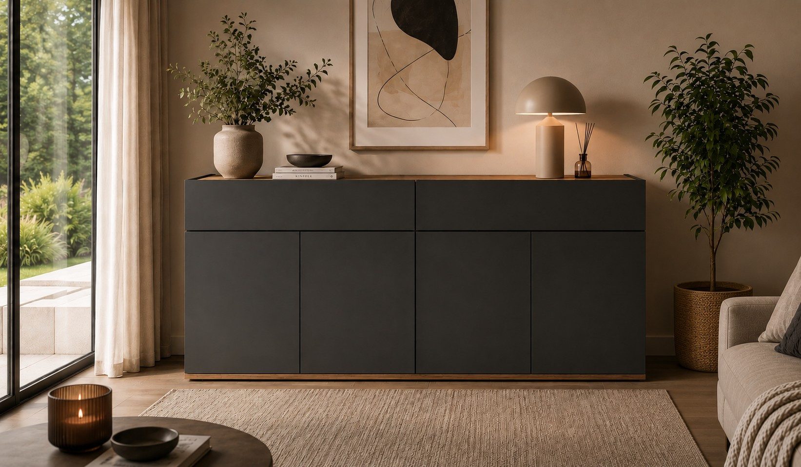 OTTO home Sideboard Garda Kommode, Schrank, 4 Türen mit Push-to-Open, Made in Italy, 4 Türen, 2 Schubladen, grifflos Breite 160,1 cm, anthrazit/eiche matt