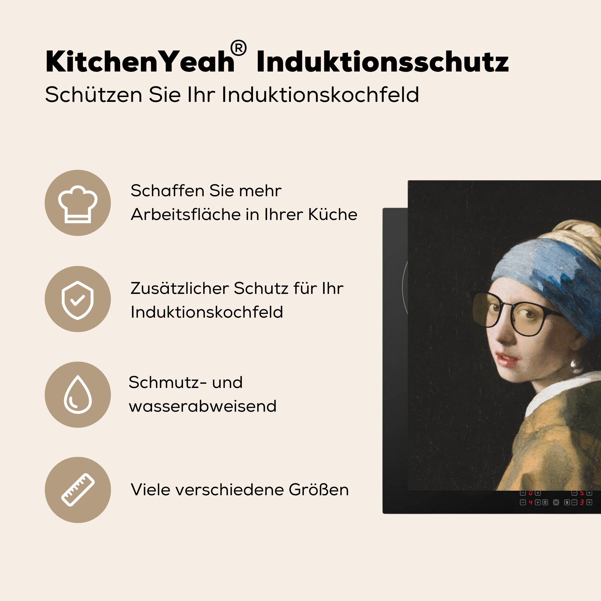 78x78 cm, Arbeitsplatte MuchoWow Perlenohrring Herdblende-/Abdeckplatte Mädchen mit für - Brillen, - Vermeer tlg), küche (1 Vinyl, Das dem Ceranfeldabdeckung,