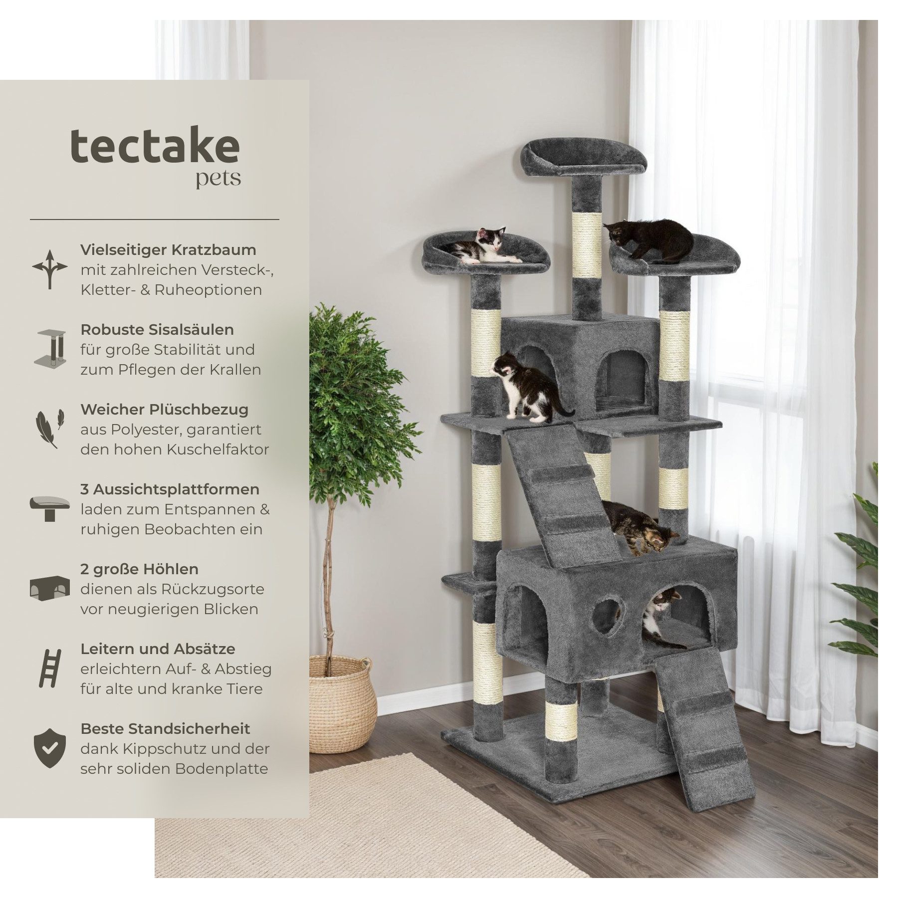 tectake Kratzbaum Katzenbaum Mogli 170 cm Diverse Farben (Grau), Vielseitig mit robusten Sisalstangen und Plüschoberfläche