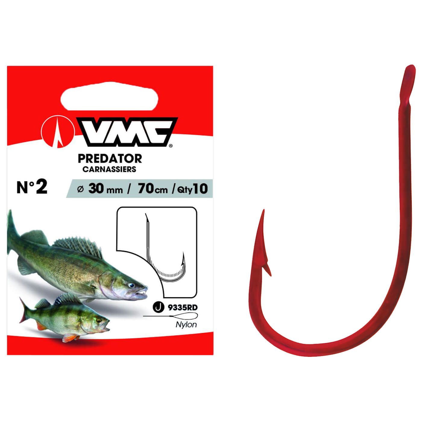 VMC Wurmhaken VMC Predator Zanderhaken 9335 Vorfachhaken 70cm Rot, (Packung, 10-St)