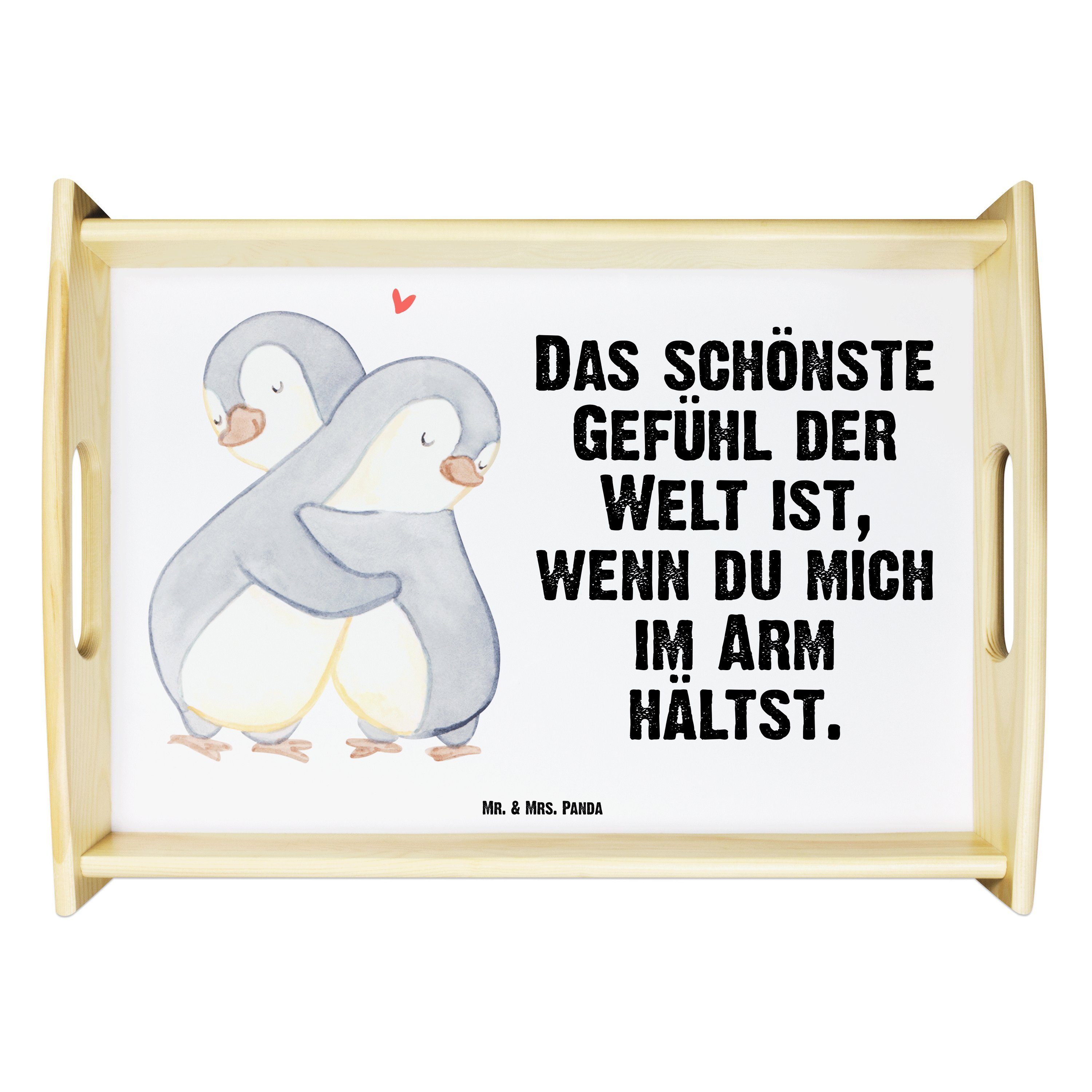 Mr. & Mrs. Panda Tablett Pinguine Kuscheln - Weiß - Geschenk, Tablett, Geschenk für Freundin, Echtholz lasiert, (1-tlg)