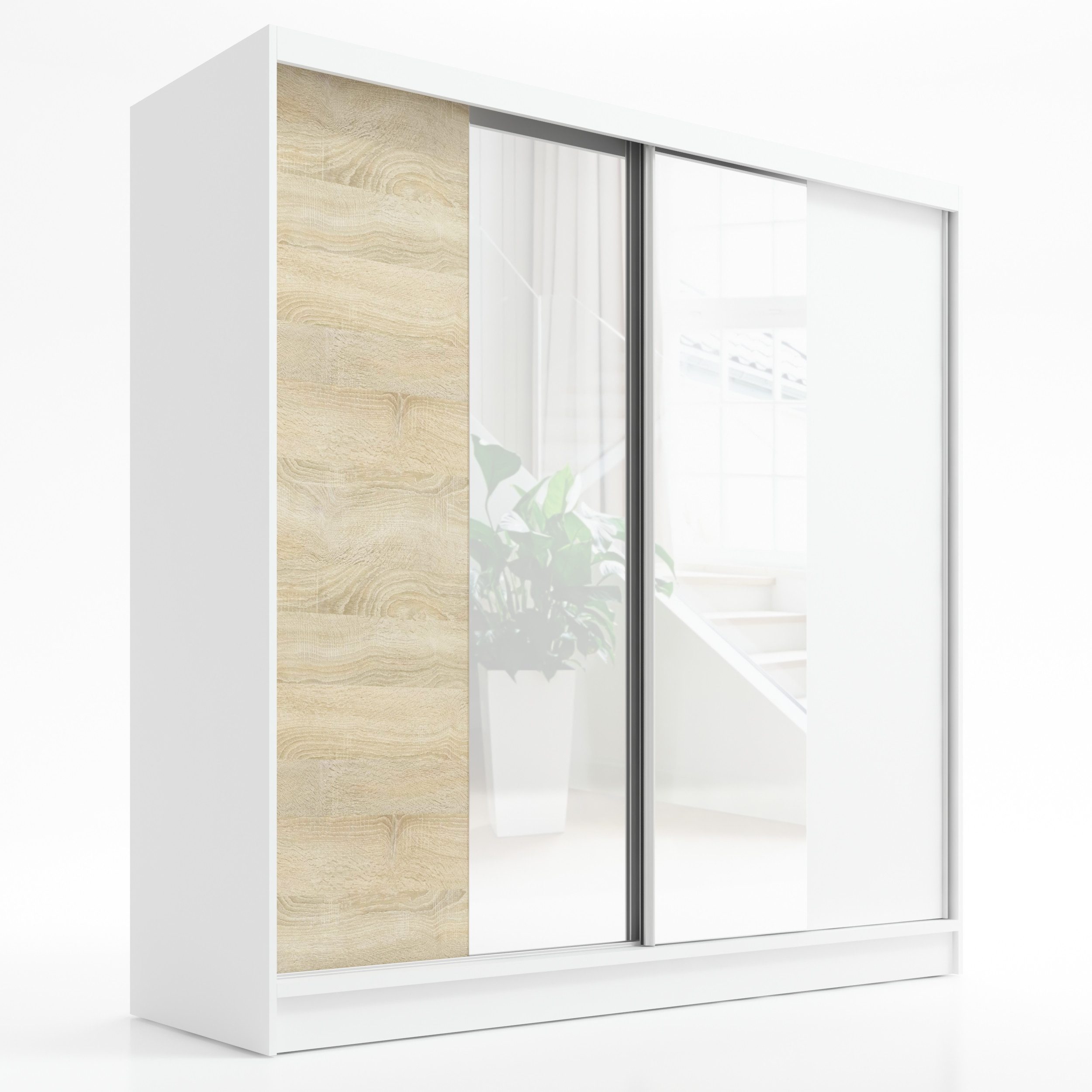 A&J MöbelLand GmbH Schiebetürenschrank SOLO 2-türiger Kleiderschrank mit Spiegel und Kleiderstangen (TOP ANGEBOT! Geräumiger Schrank mit einer Breite von 200 cm und Spiegel, ideal zur Aufbewahrung von Kleidung und Accessoires. TOP PRODUKT! Wählen Sie das ideale Modell für Ihr Schlafzimmer) Breite: 200 cm, Höhe: 215 cm, Tiefe: 59,5 cm