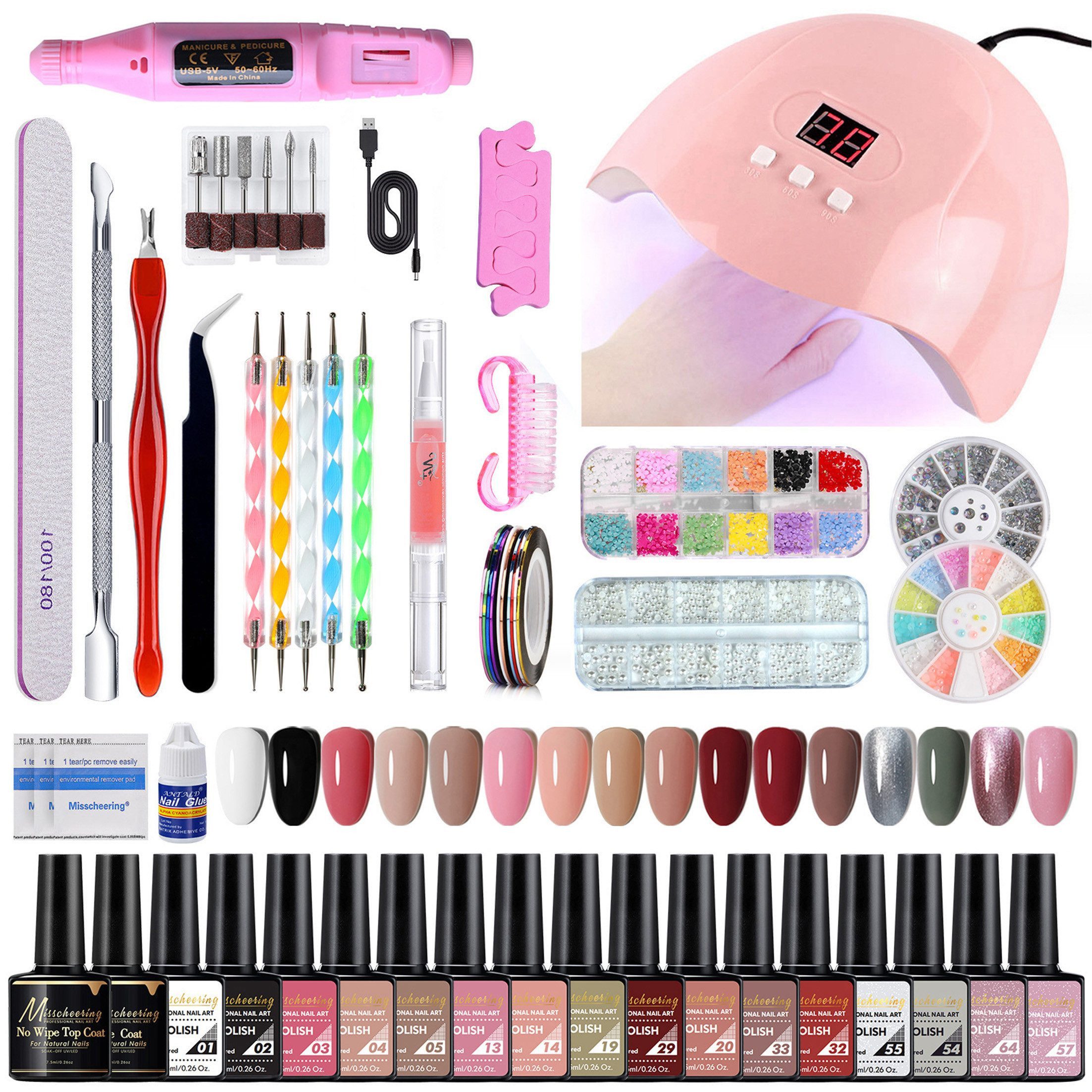 KINSI Nagellack-Set 16-Farben Nagellack Set inkl. Maniküre Werkzeuge,DIY-Nageldesign, mit UV/LED Lampe,Perfekt für Nail Art